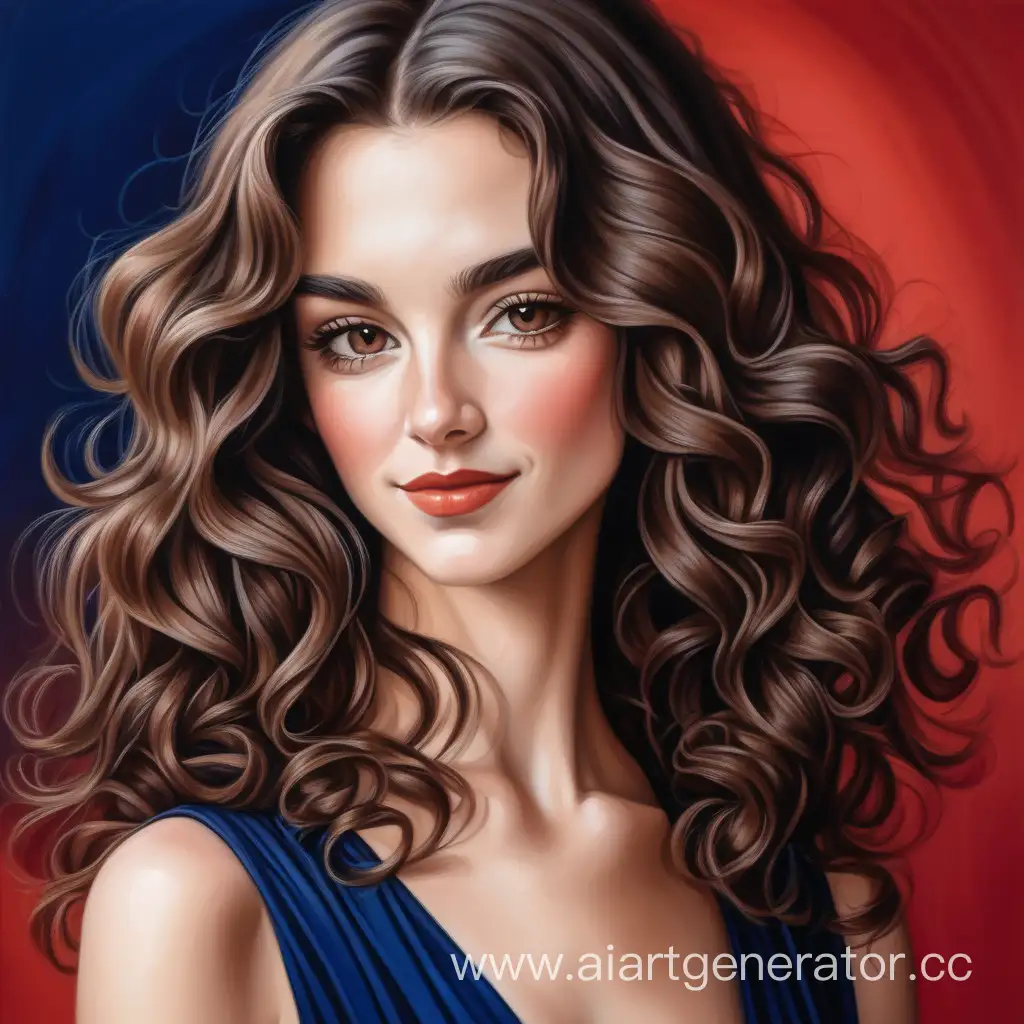 Alluring french lady with wavy brown hair in a dark blue evening dress soft smile red background close up