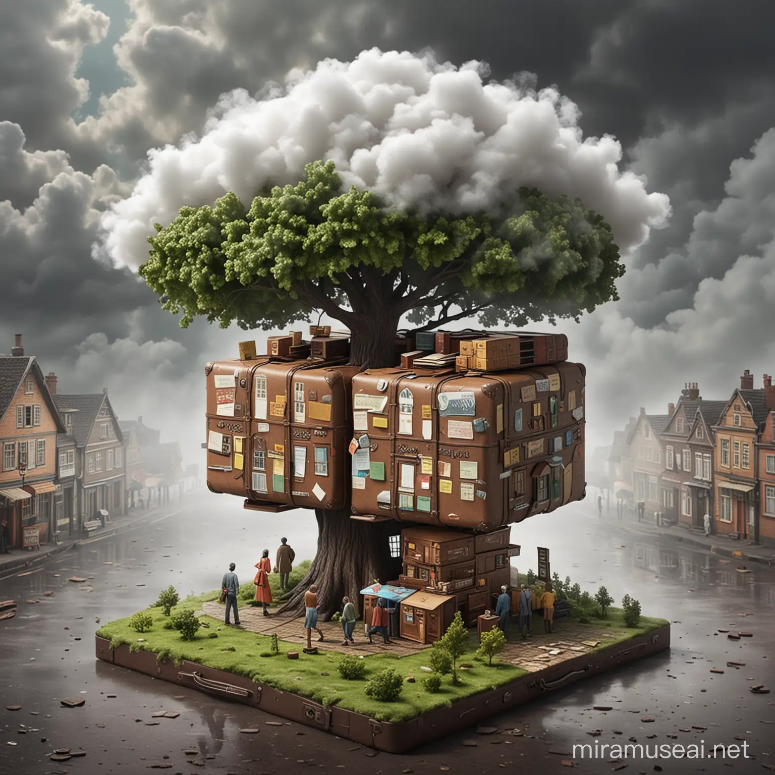 a big realistic suitcase contains humans are made up of paper in a foggy clouds, humans should emerge out of suitcase, paper shape and colors on the realistic town should look like wonderland, tables made-up of pure chocolate, humans in modern dress, macaroni as trees which are vibrant, town should look realistic and high detailed paper place