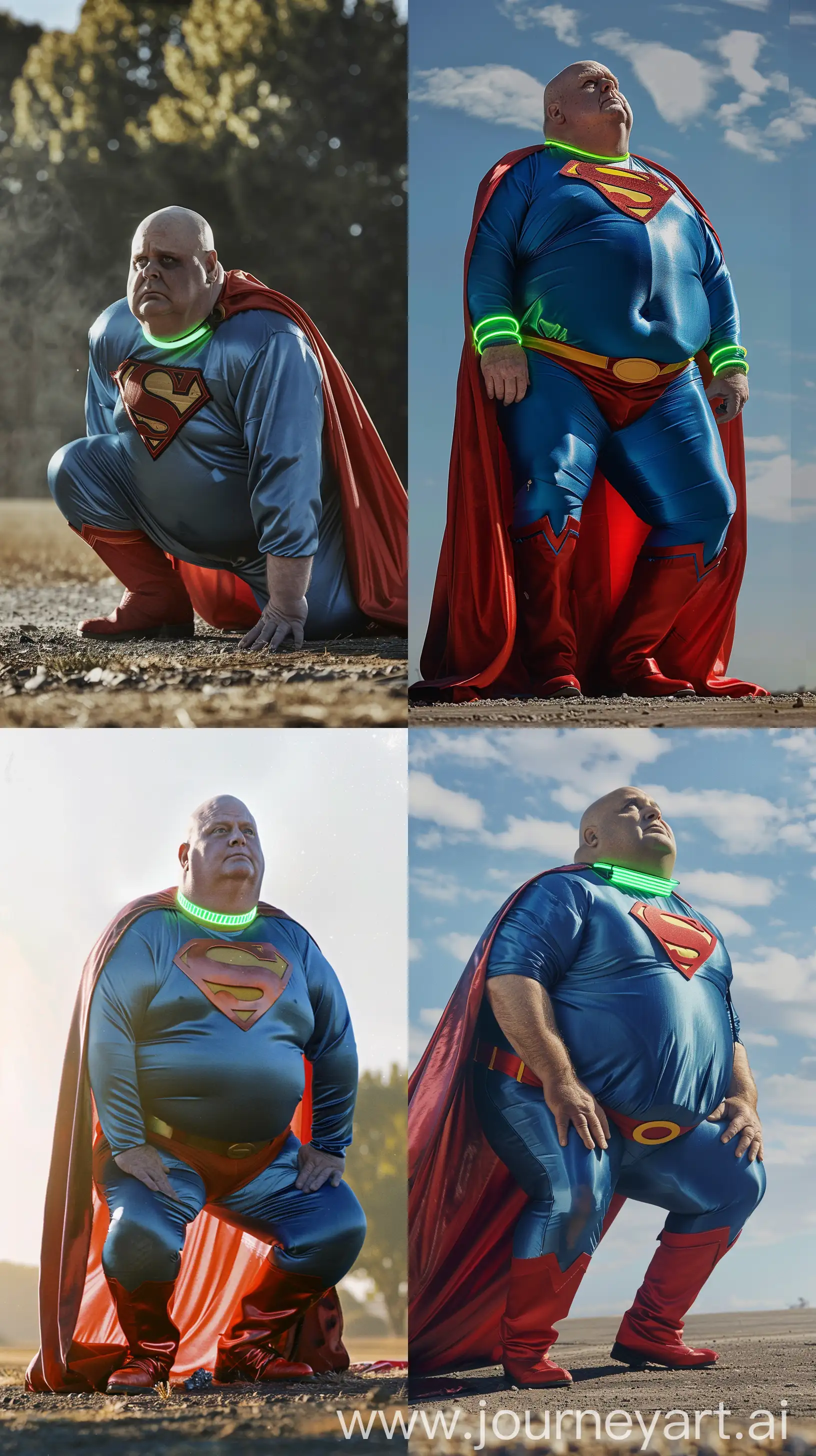 Front close-up photo of a fat man aged 60 wearing silk blue 1978 superman costume with a large red cape and red boots and a tight green glowing neon dog collar. One knee on the ground looking at the sky. Outside. Bald. Clean Shaven. Natural light. --ar 9:16