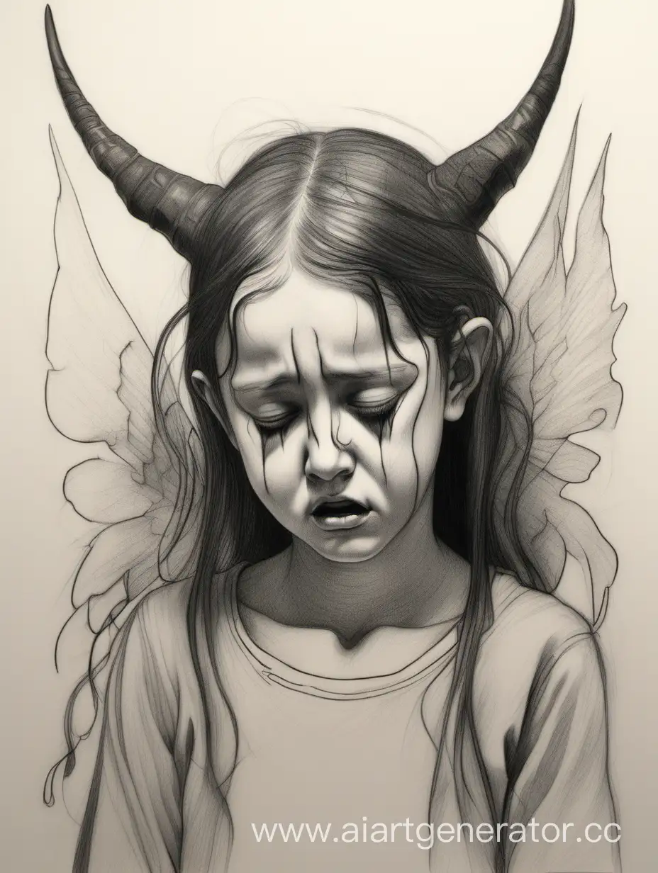 Sad-Horned-Girl-with-Small-Black-Wings-Pencil-Drawing