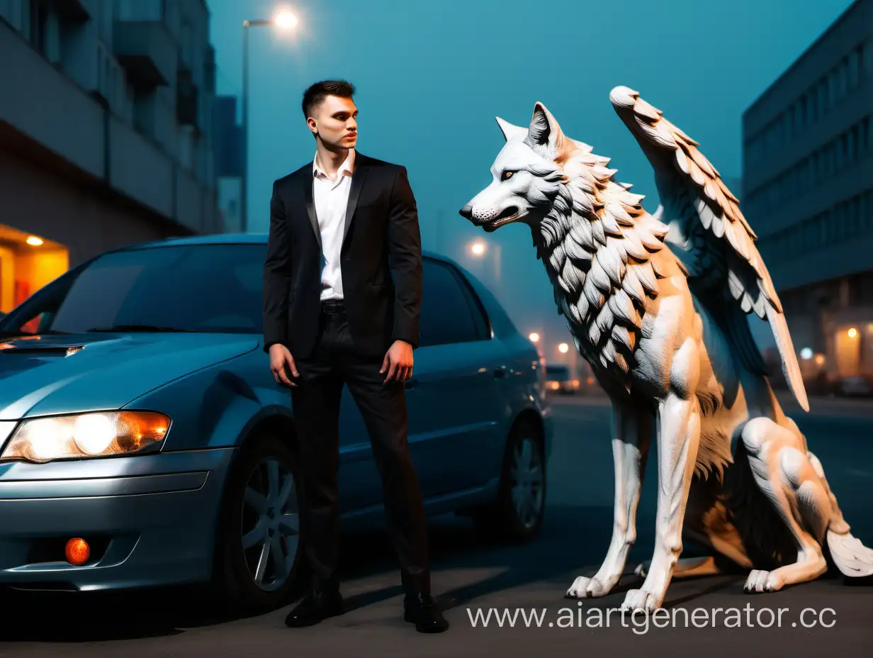 Guardian-Angel-Man-and-Wolf-by-the-Car-in-Evening-City