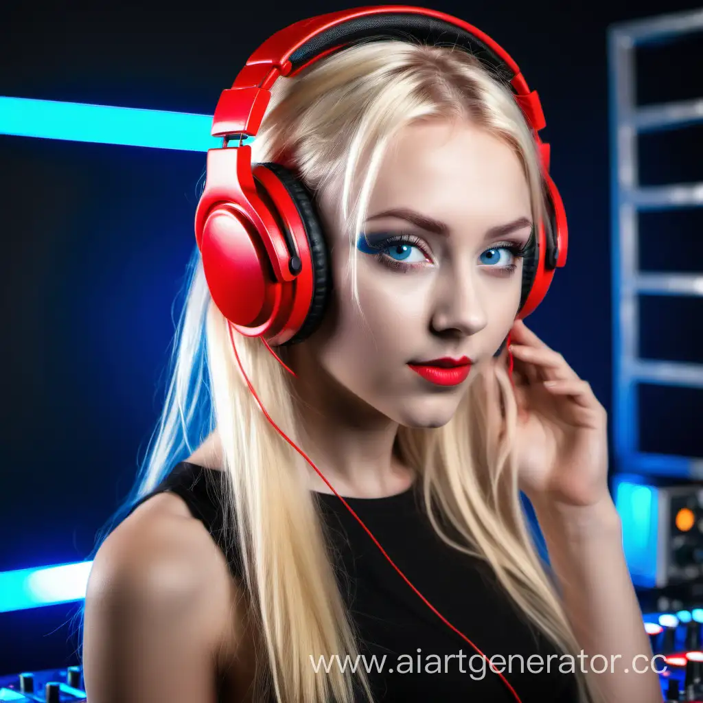Красивая девушка в красных наушниках, блондинка с голубыми глазами стоит на фоне DJ пульта  