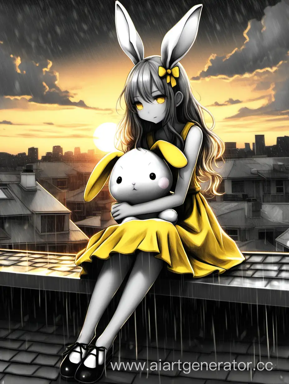 pencil art, black and white and yellow, bunny girl, dress, on the roof, hugging a plushie, sunset, rain