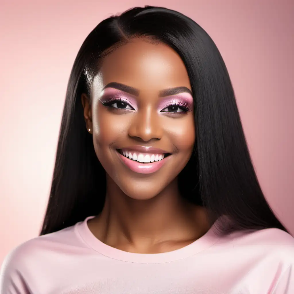 Smiling Black Woman with Straight Flat Ironed Hair and Soft Glam Makeup