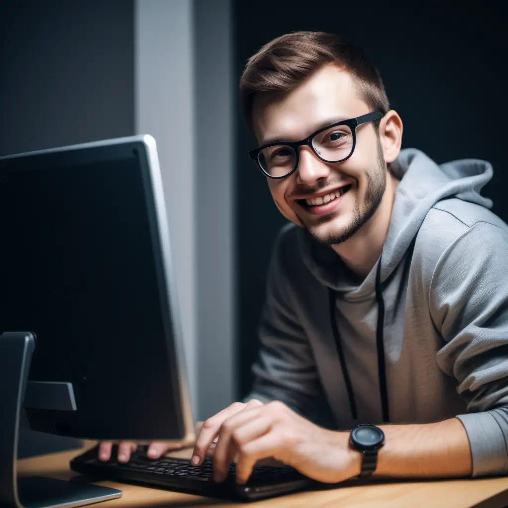 Joyful Adult Engaged in Computer Programming Learning