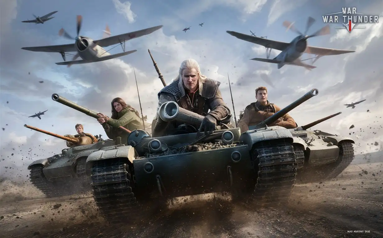 Geralt races tanks with friends in the game War Thunder.