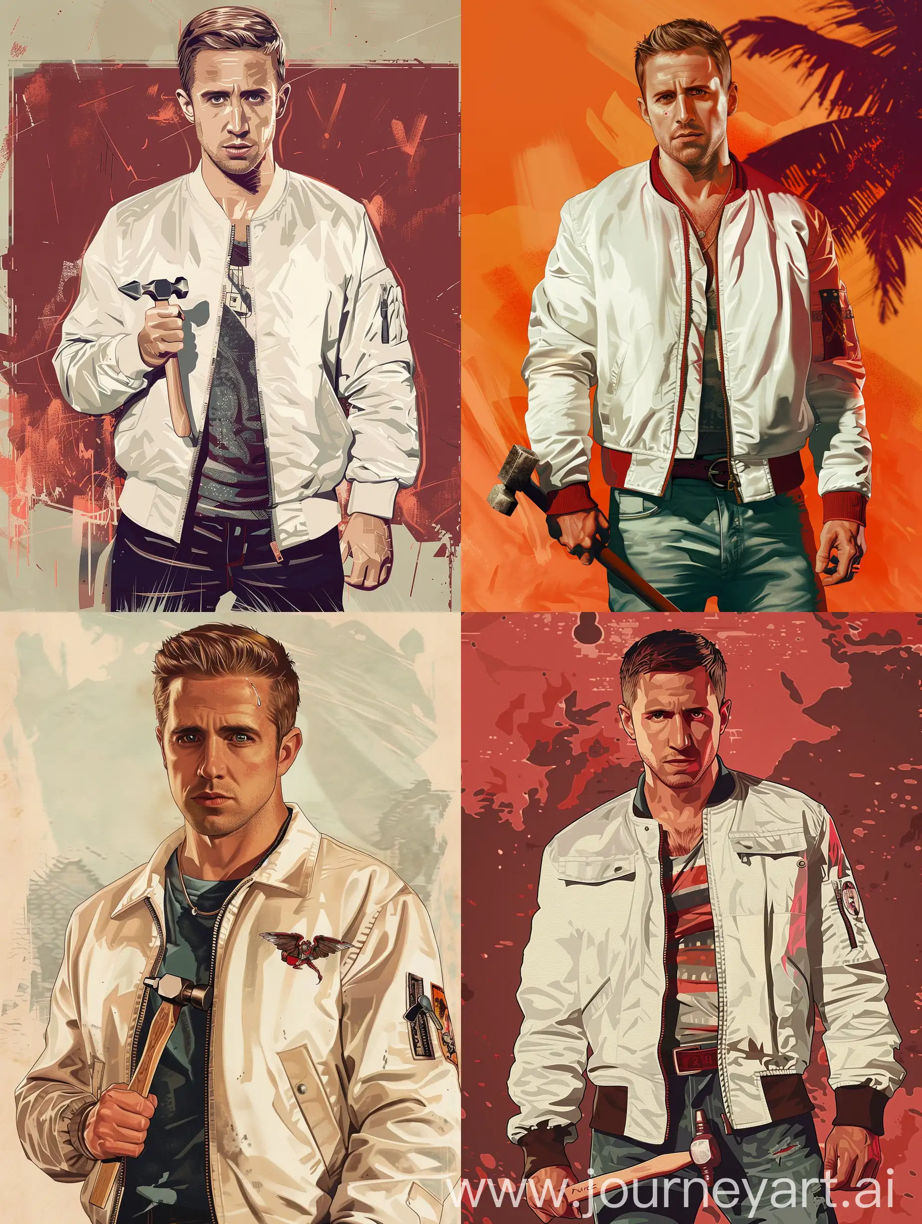 A poster in the style of GTA 4. Ryan Gosling from the movie drive, with a small hammer. in a white bomber jacket from the movie drive. The art is stylized as in the download of the GTA 4. 8K ultrarealism game.