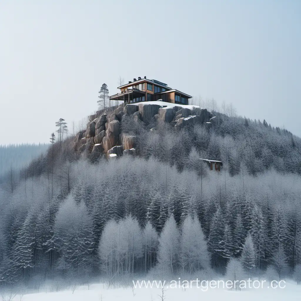 Winter-Taiga-Hilltop-House-Surrounded-by-Pine-Forest