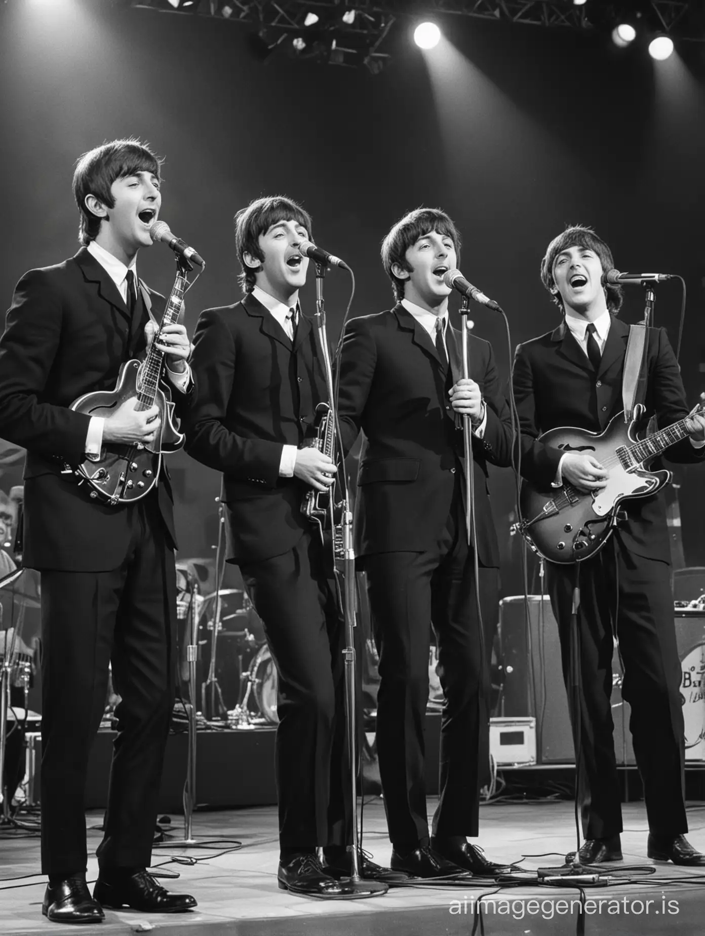 The Beatles singing on stage