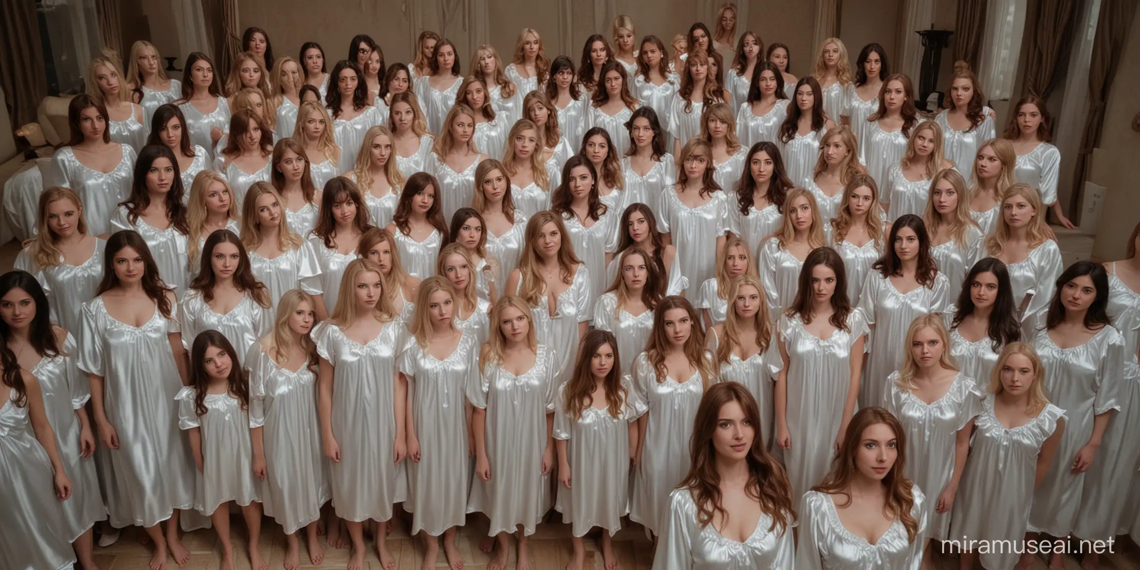 A hundred women in milky satin nightgowns in the room stare at you from below