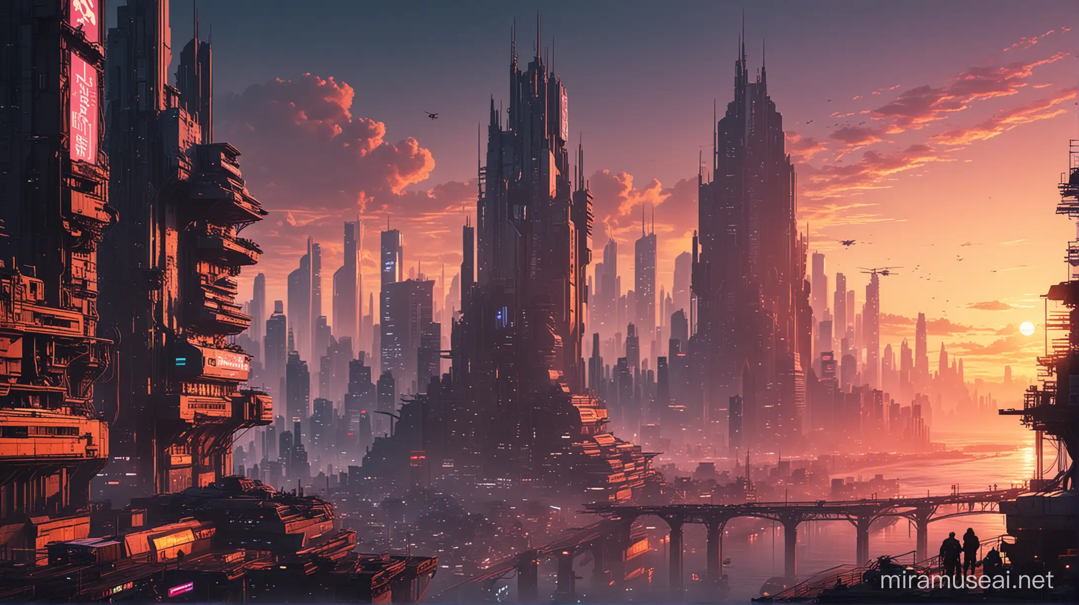 Futuristic Cyberpunk Cityscape at Sunset