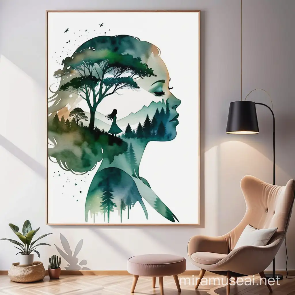 Watercolor neutral earth double exposure of woman             nature wall art design for great home decoration