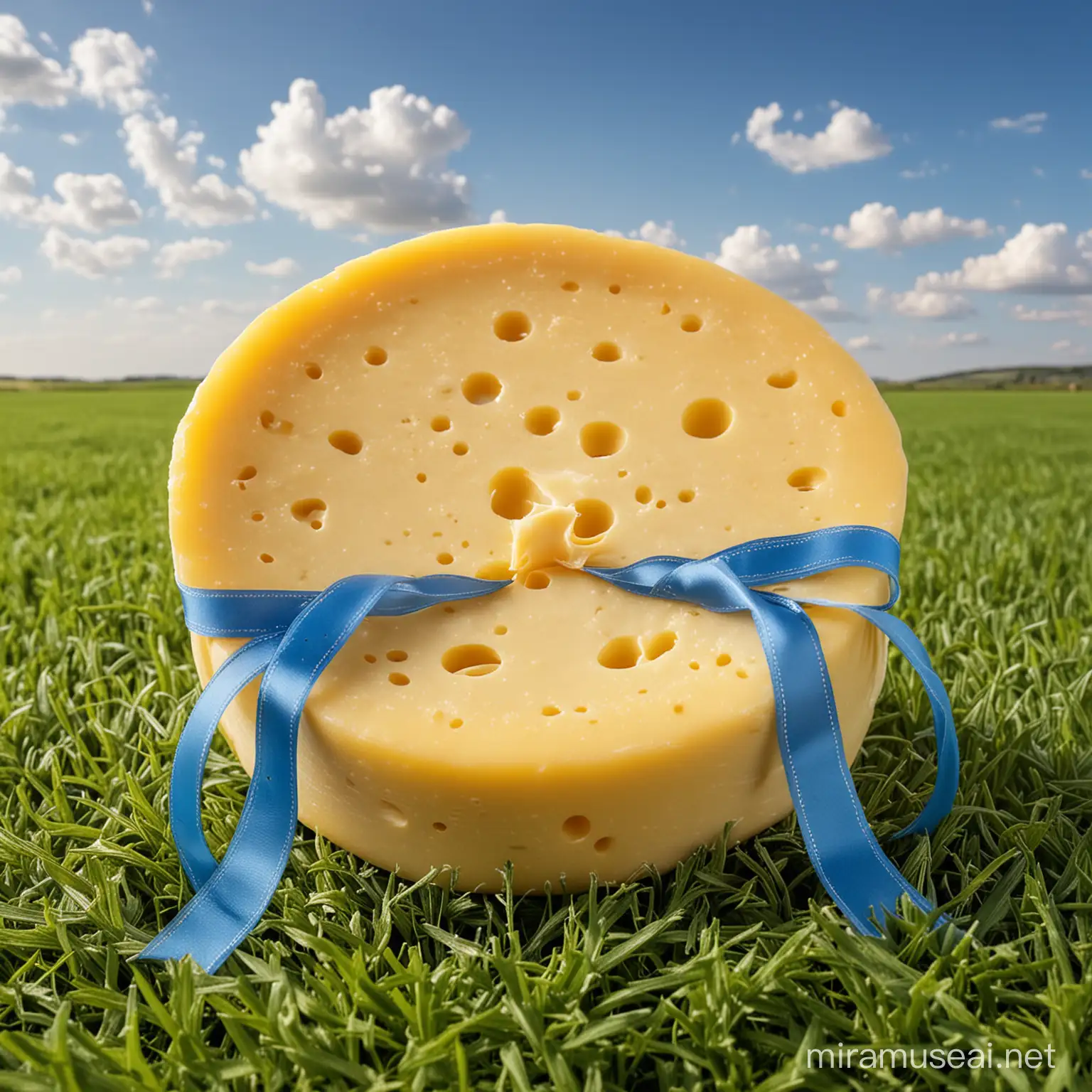 Una deliciosa horma redonda de queso amarillo con agujeros, con un moño de color azul, envuelto como un regalo, apoyado sobre un fondo de verde campo y cielo celeste.