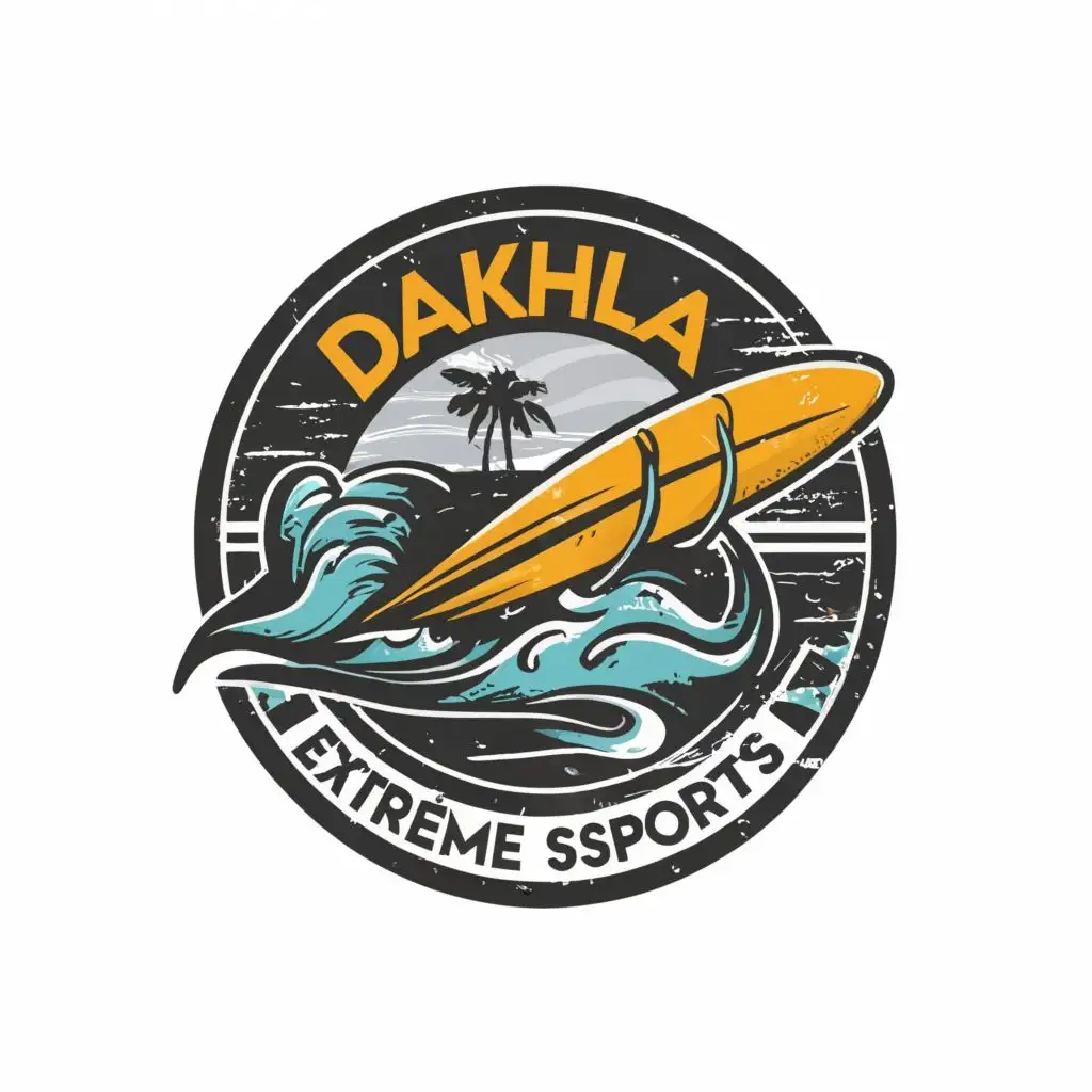 logo, surfing, with the text "Dakhla Extreme Sports", typography