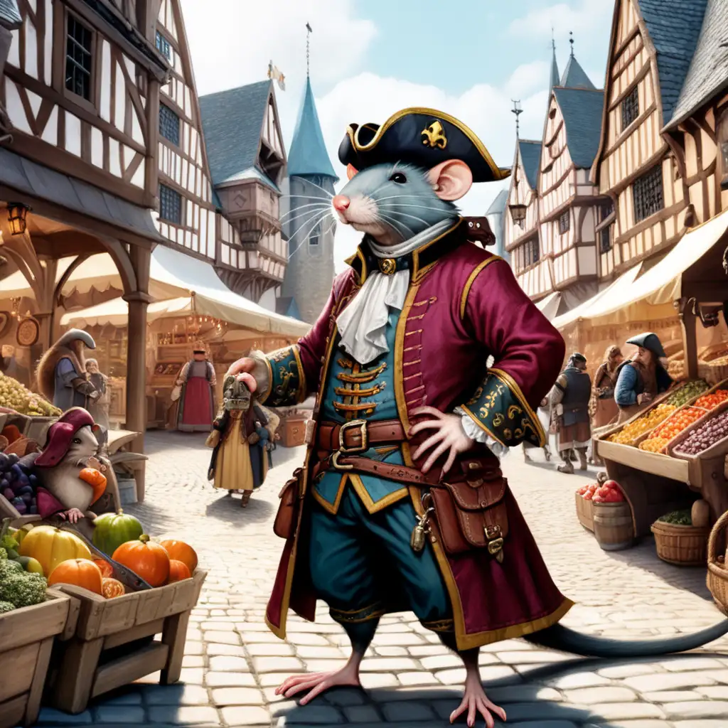 a fancy royal pirate rat man in a market square with medieval tudor style streets, dnd 