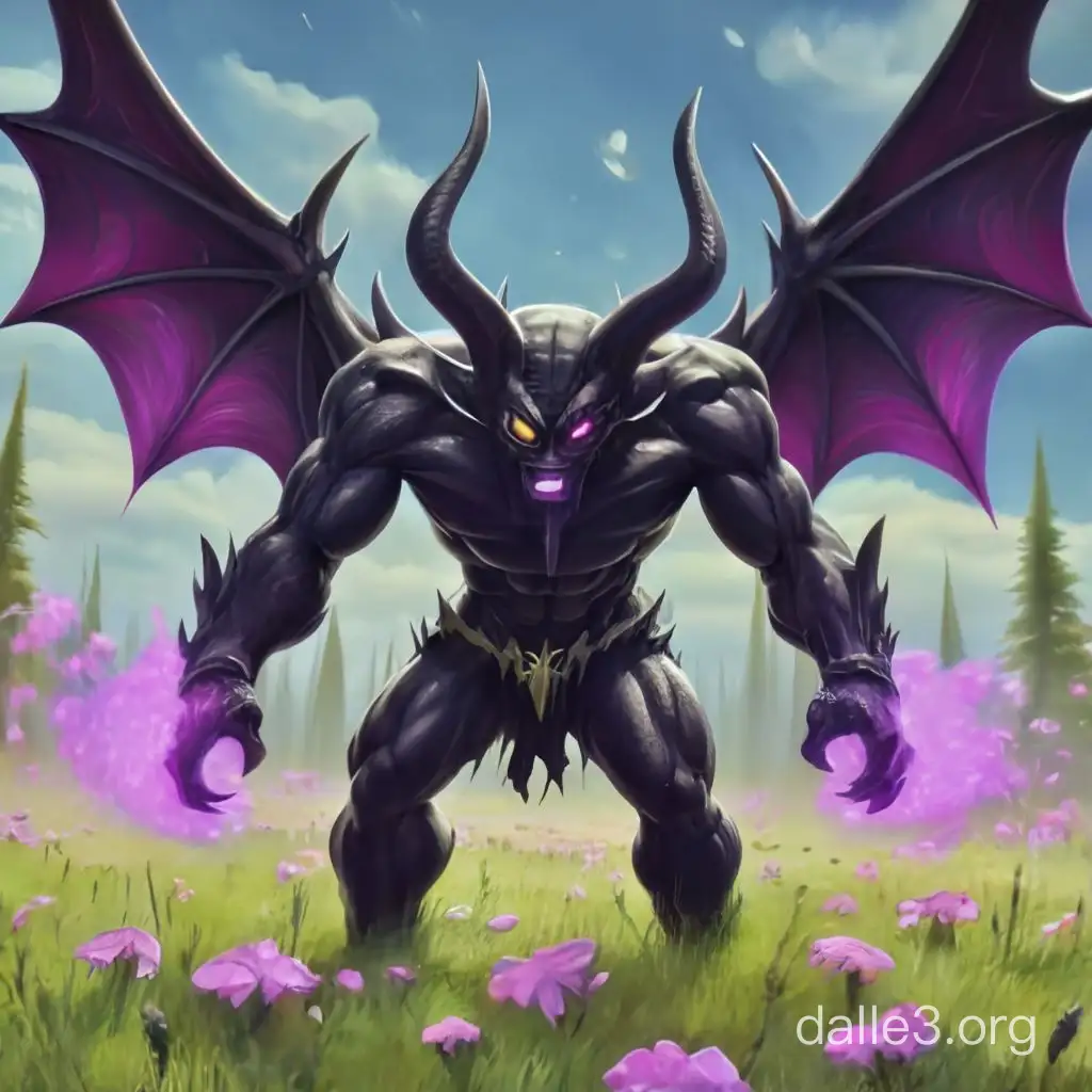 a black demon with horns and bat-like wings who destroys a monilith in a meadow with a fistful of purple energy