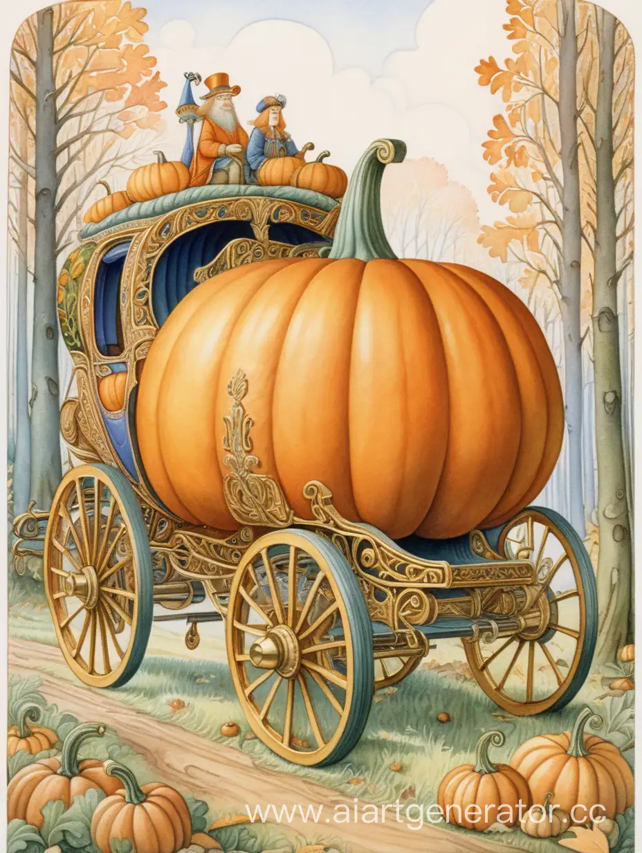 Bilibin-Style-Illustration-of-a-Magical-Forest-with-a-Golden-Pumpkin-Carriage