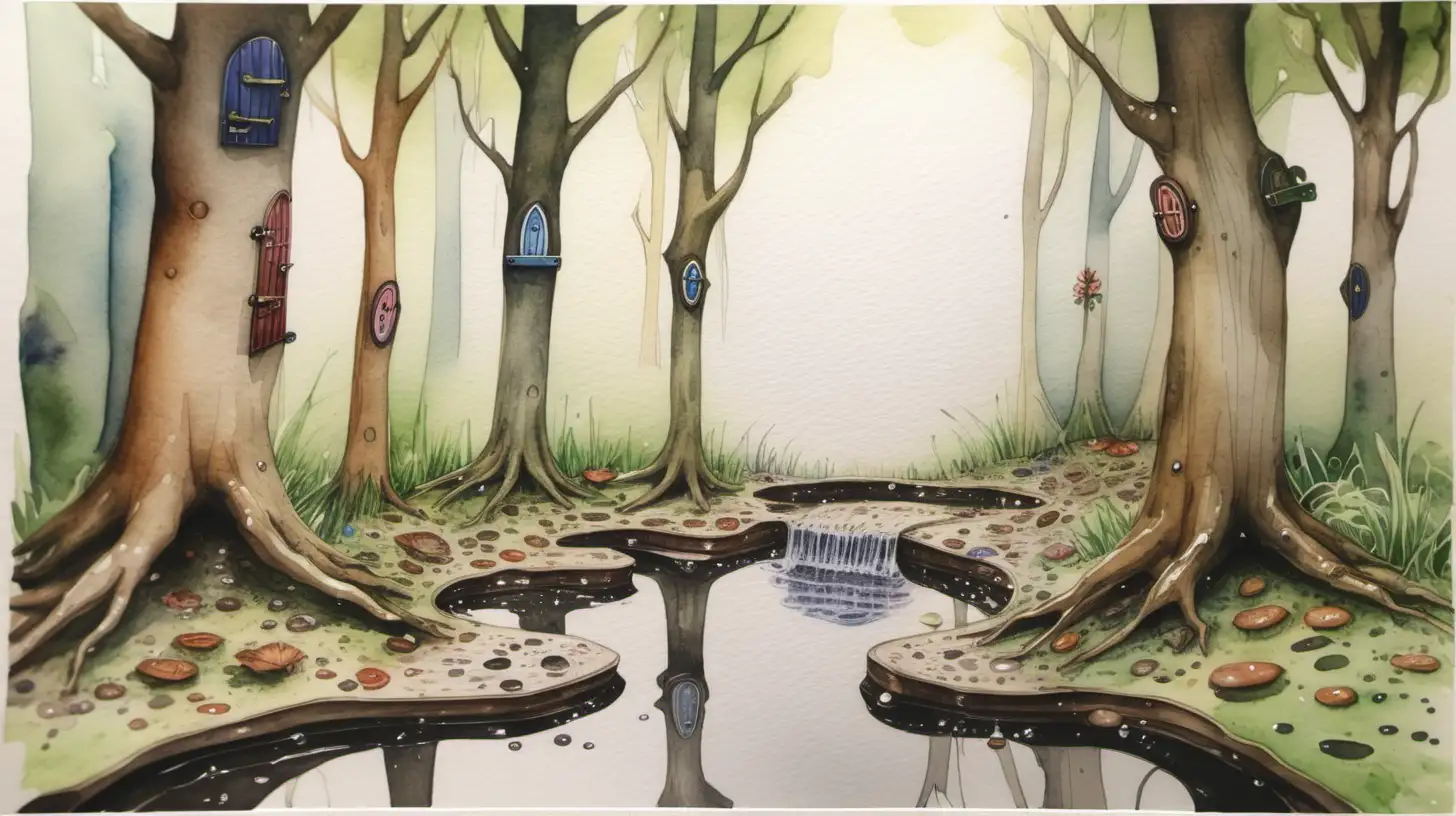 A watercolour painting. A fairy wood. Trees have fairy doors. There are puddles

