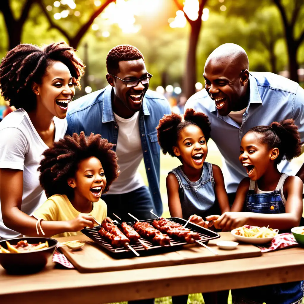 create an image of a black family happy having fun in the park playing games eating bar-b-que