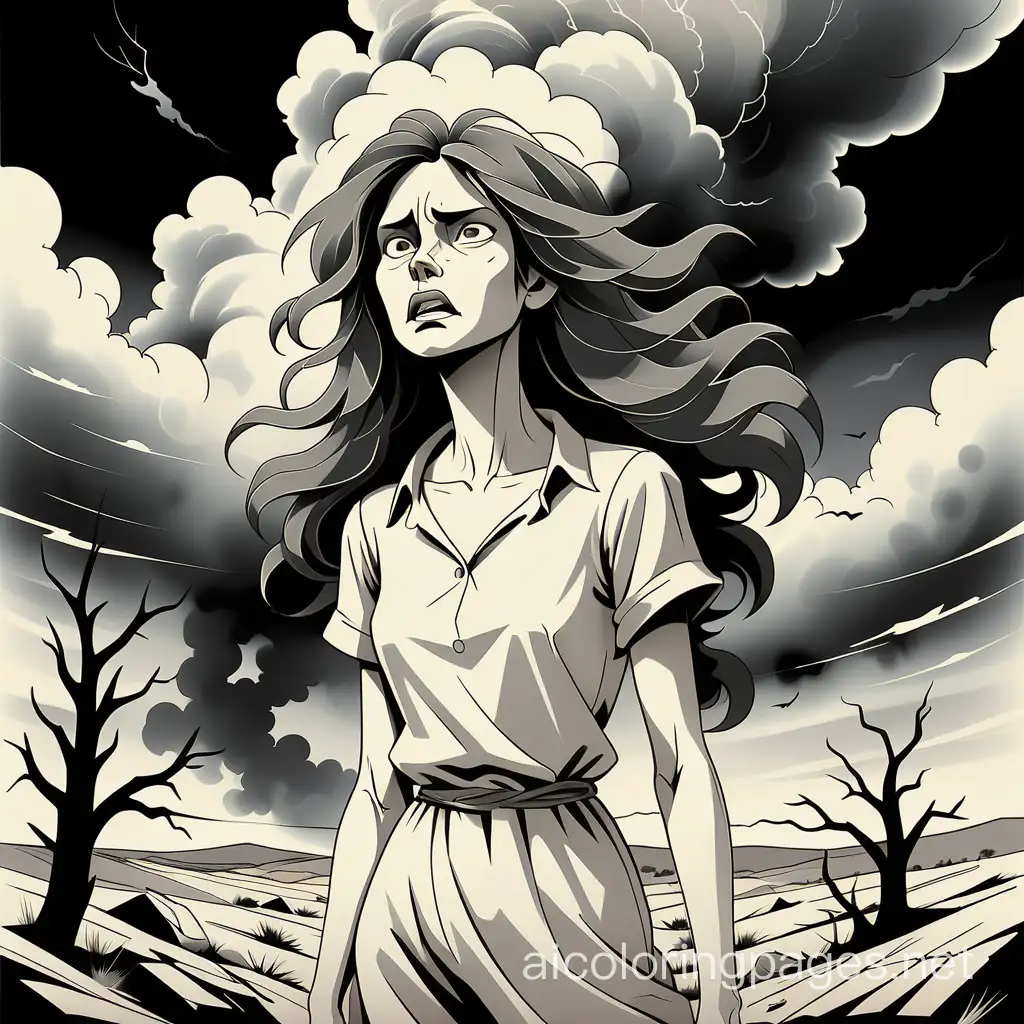 A hauntingly beautiful minimalist ink drawing captures the essence of a solitary full body woman's face amidst the remnants of a once-thriving landscape. The clean lines and negative space emphasize the purity and simplicity of the scene. The character's intense gaze reveals a mix of sorrow, rage, and unwavering determination. The menacing clouds loom overhead, casting an eerie shadow over the scene, and the scent of smoke and decay lingers in the air. The howling winds moan through the desolate, lifeless, Coloring Page, black and white, line art, white background, Simplicity, Ample White Space. The background of the coloring page is plain white to make it easy for young children to color within the lines. The outlines of all the subjects are easy to distinguish, making it simple for kids to color without too much difficulty