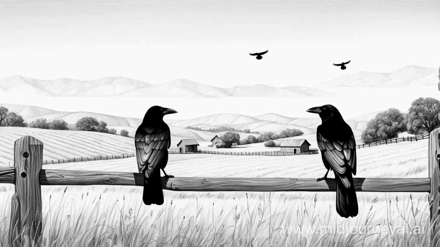 Create sketch of two crows sitting on a wooden fence looking out over rural sonoma landscape