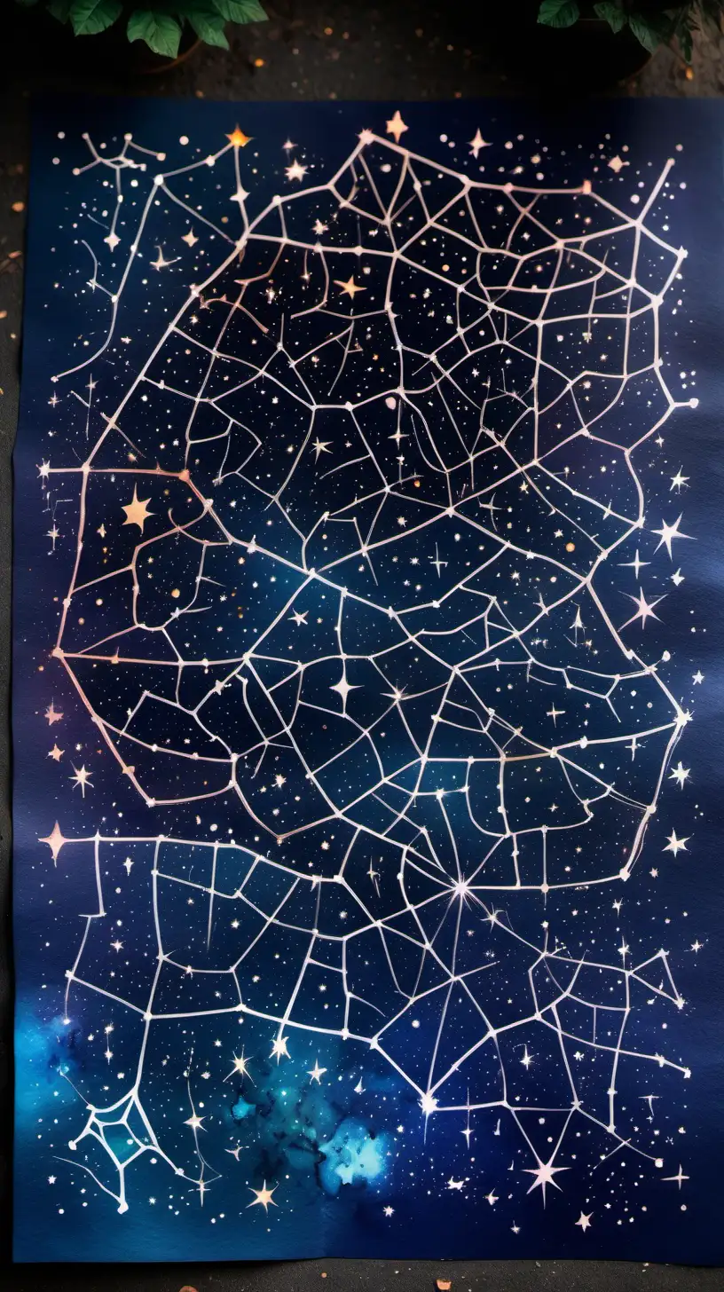 watercolor constellations map, hand drawing of constellations map, on the ground, night time, vibrant colors, watercolor style, map on paper