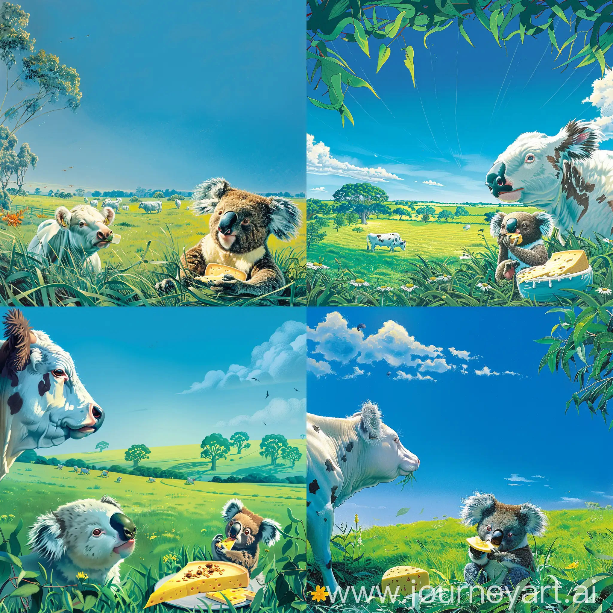 Background:  The cover depicts a picturesque scene of the Australian countryside. A clear blue sky stretches overhead, framing a lush green grass field. In the foreground, a contented Holstein Friesian cow grazes peacefully, symbolizing the source of our premium dairy products.  Foreground:  Amidst the grass, an iconic Australian koala is depicted enjoying a slice of cheese, showcasing the unique flavors and ingredients that define our dairy offerings.