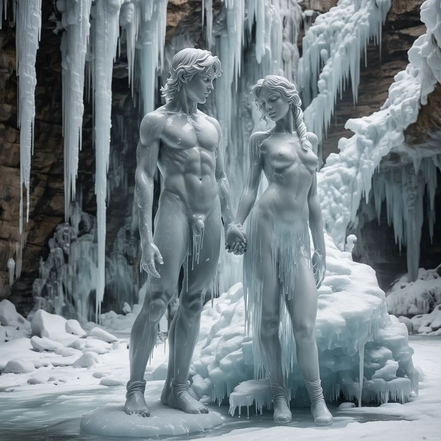 Sculpted Ice Statue Nude Boy and Girl Embracing in Frozen Waterfall