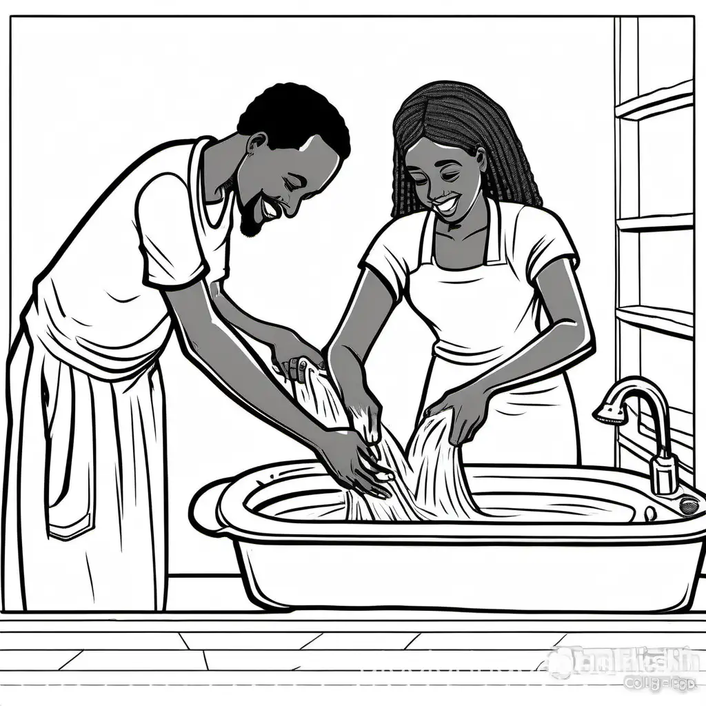 ethiopian man and woman washing on clothes together in the same pan, Coloring Page, black and white, line art, white background, Simplicity, Ample White Space. The background of the coloring page is plain white to make it easy for young children to color within the lines. The outlines of all the subjects are easy to distinguish, making it simple for kids to color without too much difficulty