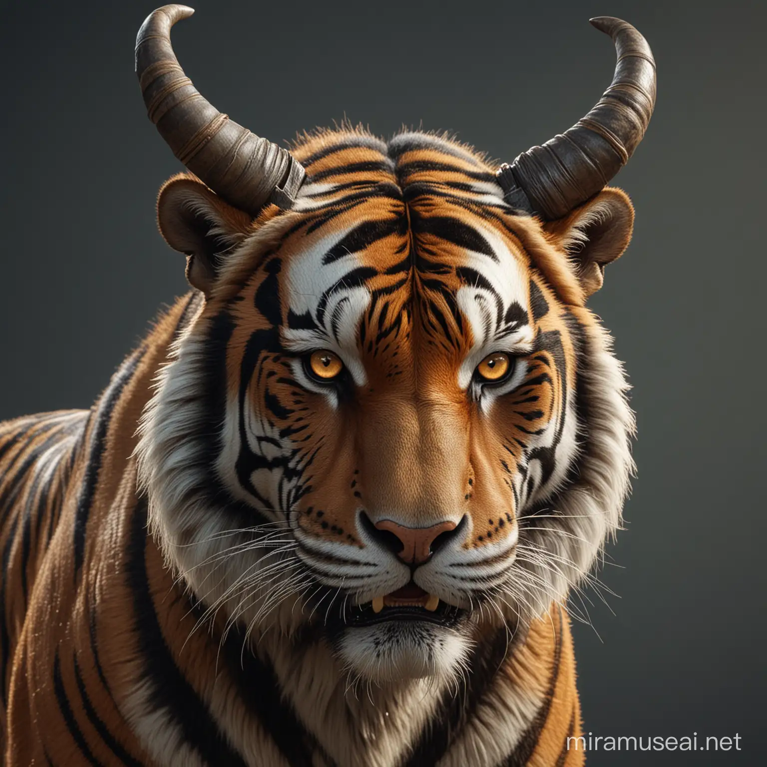 тигр, с рогами быка на голове, 5D, 4K, cyber reality, photo realism, cyberdetalization, ultrarealism, detailed photo, absolute realism