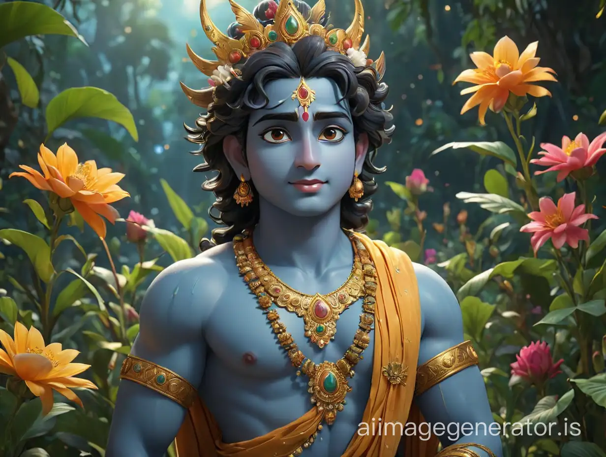 Beautiful celestial lord Krishna, Highly detailed, Male celestial figure, Celestial flowers in the background, Unreal Engine, realistic image, colourful scenic view, 16k image, illustration surrounded by little jungle, hyperrealism, hyperrealistic, super realistic detailed, sharp edges highly detailed, Colourful Vibrant scenic celestial background.