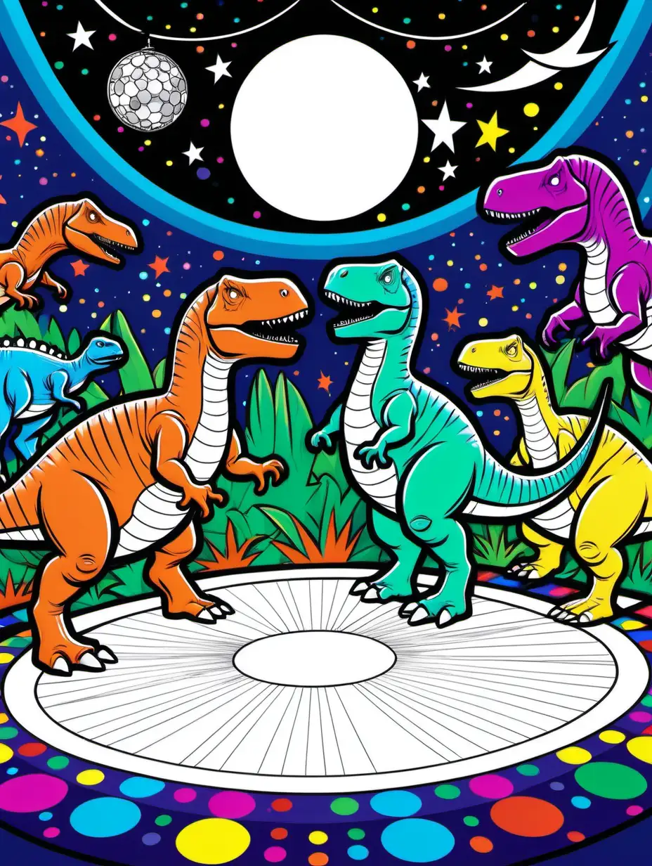 Vibrant Dinosaur Disco Dance Coloring Page for All Ages