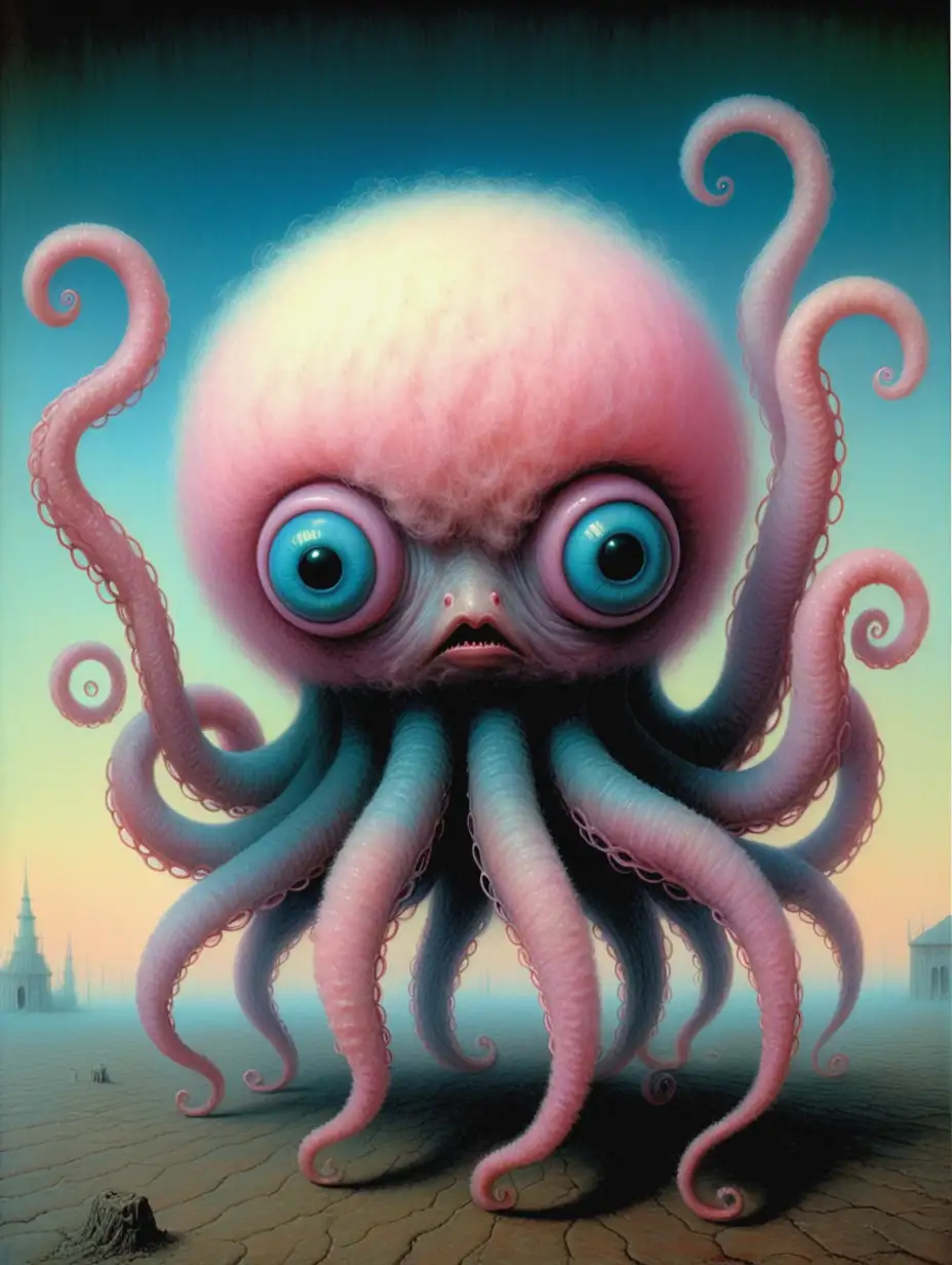 Zdzislaw Beksinski, cute weird animals, tentacles,  , bright eyes, big eyes, pastel colors, soft,  blurry, cotton candy, fuzzy.