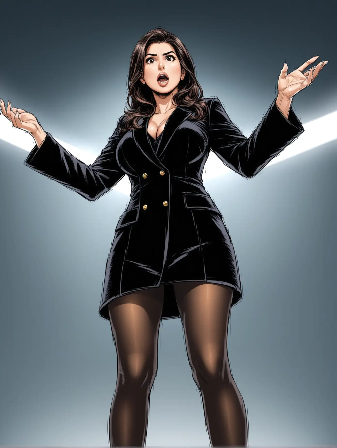 Rudabeh shahbazi, KCAL News, news anchor, Los Angeles, Highly Detailed, studio, wearing Black velvet (non)smoking jacket as a dress, pantyhose, standing at touchscreen, DC comic art style, realistic, below angle, wide stance disbelief 