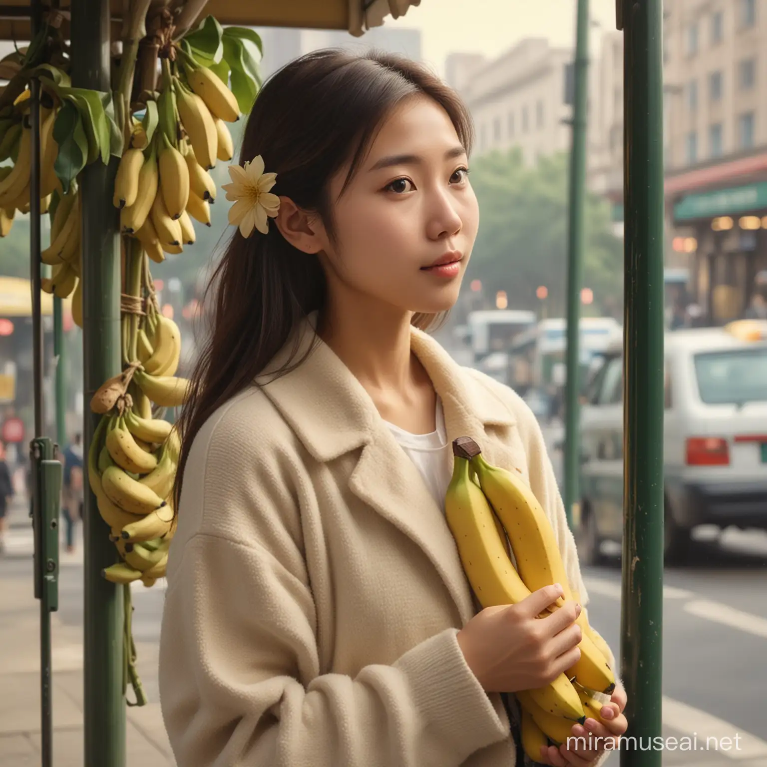 A sweet Taiwanese girl stands at a bus stop, holding a bunch of bananas, exuding a light, romantic atmosphere. Her expression is gentle yet contemplative, typical of East Asian heritage, against a backdrop of soft, blurred, dreamy cityscape.
Create with Claude Monet style.
