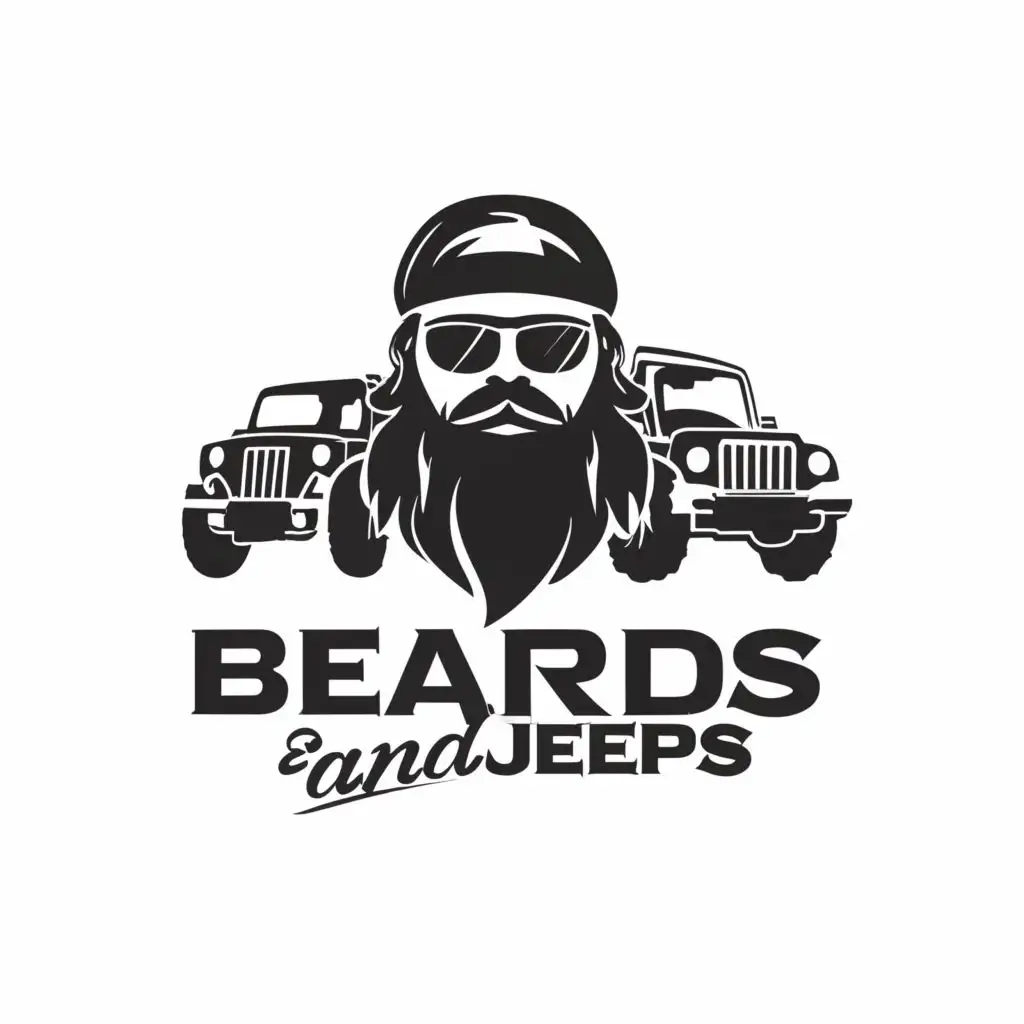 LOGO-Design-for-BeardsandJeeps-Bold-Typography-and-AdventureReady-Jeep-Silhouette-with-Bearded-Figure-Reflecting-Masculine-and-Rugged-Retail-Branding