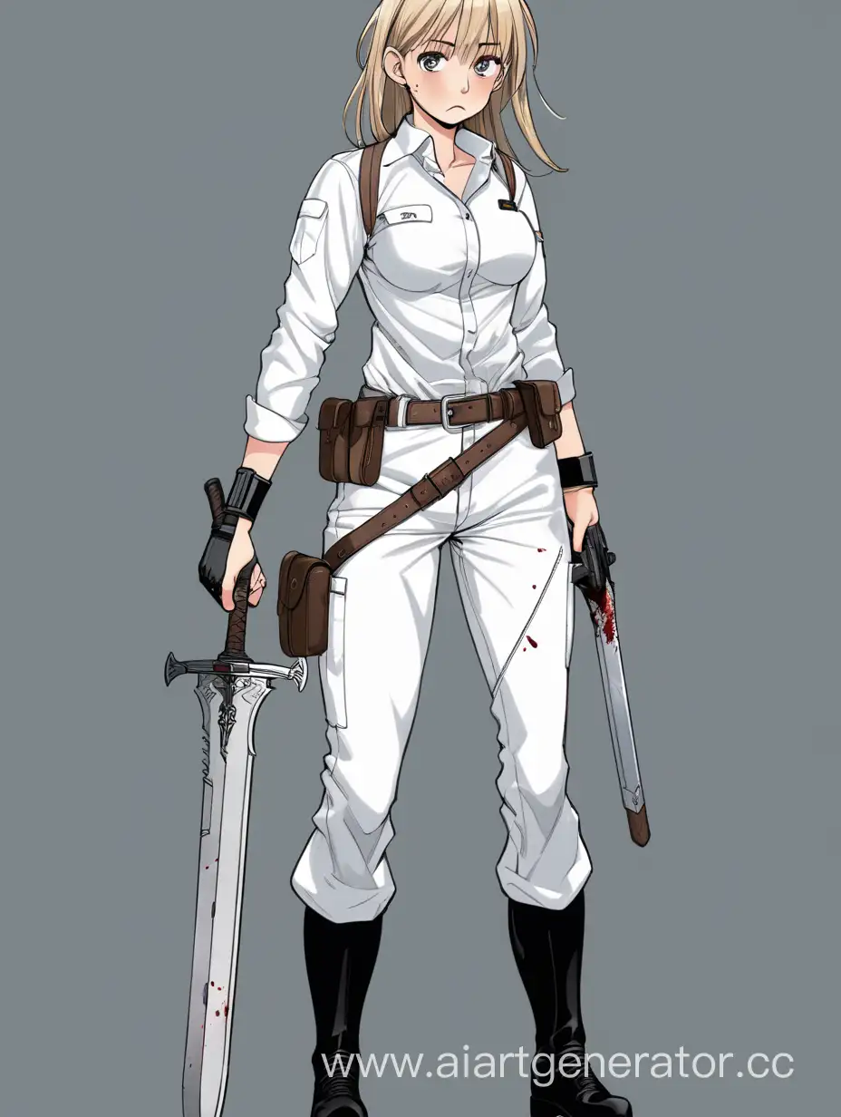 A girl, Christa Renz, wearing a white shirt and trousers, holding a sword. She had long sleeves and a simple white weapon. He was wearing boots and double protective gear. And also, the breasts are 3 sizes. The girl was hit by a bullet in her left breast. The bullet wound was serious, and blood was flowing from the wound. The girl's face expressed surprise at the betrayal.