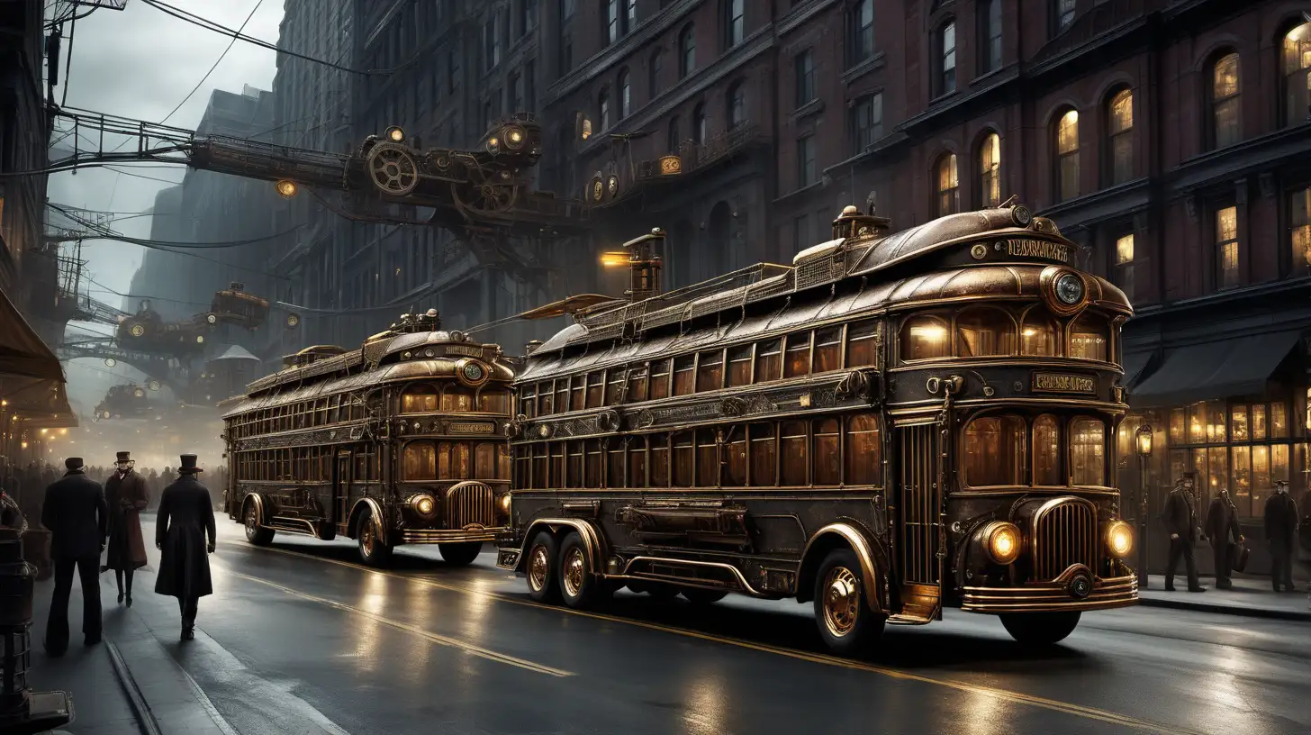 Steampunk Cityscape Large Street Vehicles Amidst Urban Darkness