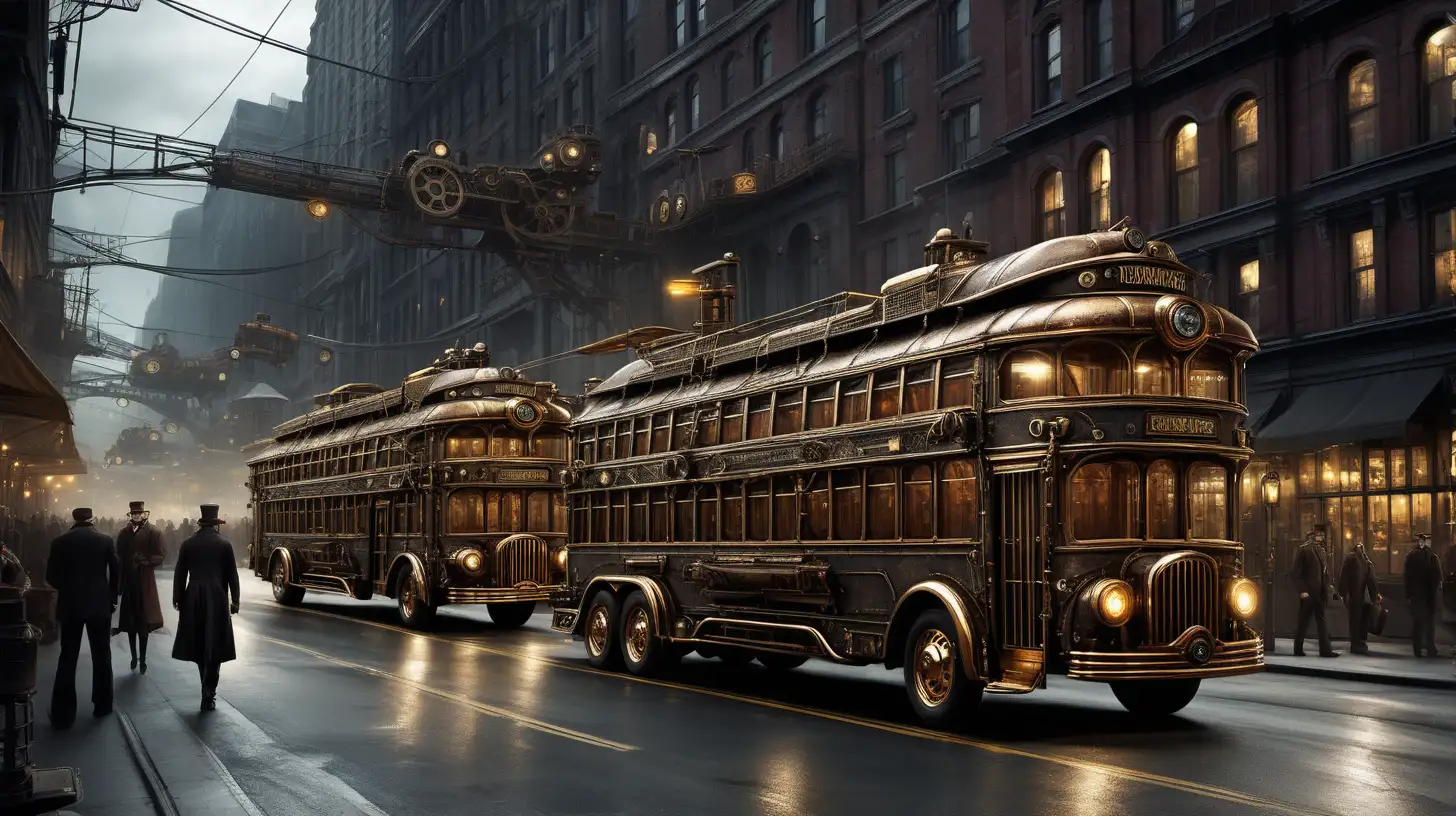 Steampunk  large  street cars bus trucks traffic large street darkness 