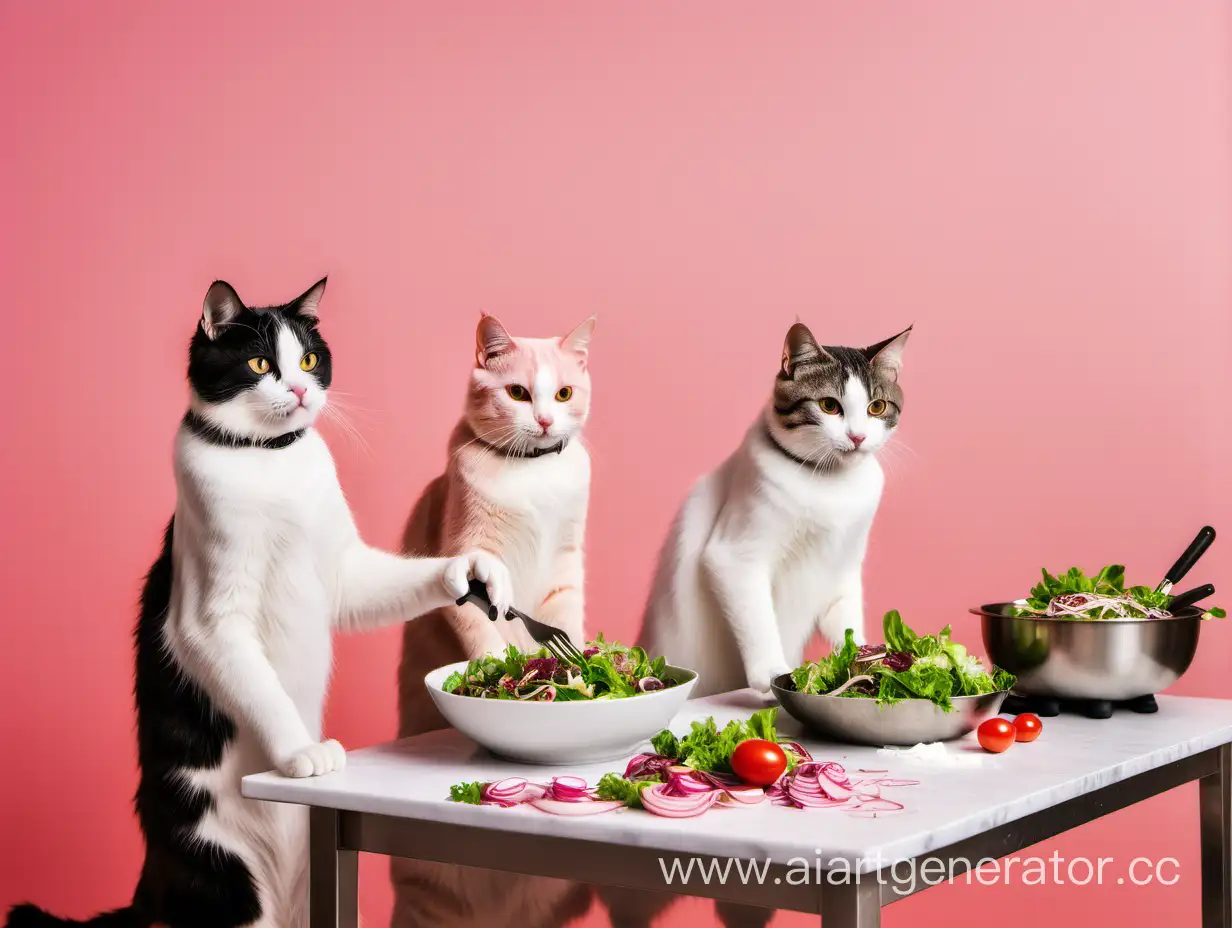 Коты которые готовят салат в кулинарной студии с розовыми стенами