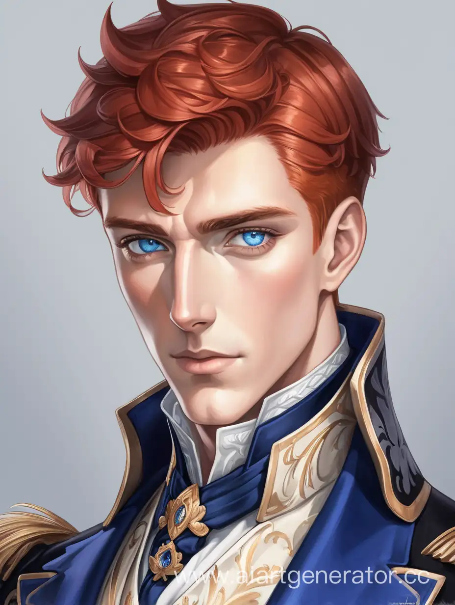 красивый высокий парень  с короткими рыжими волосами, голубыми глазами, в аристократской одежде 