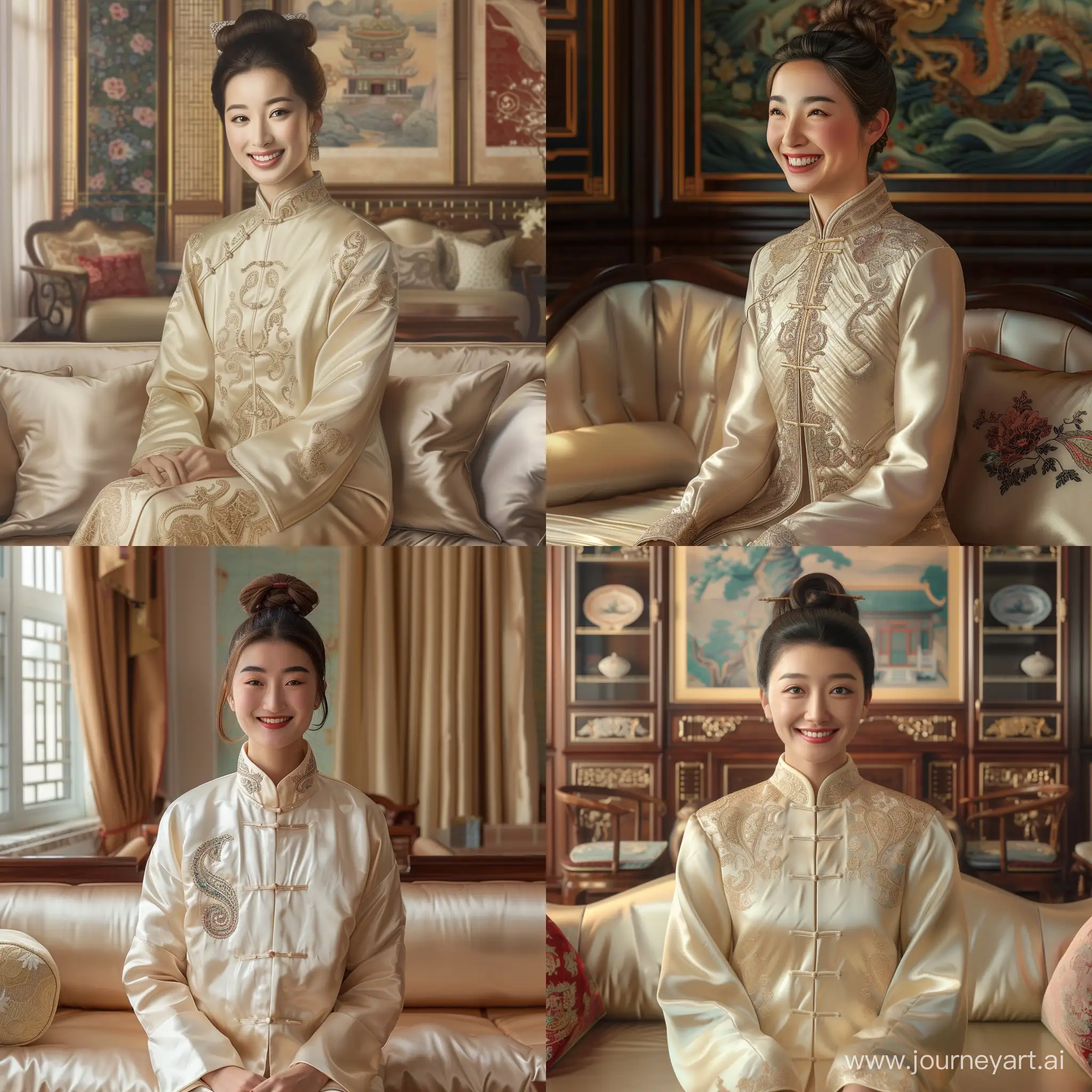shot of a chinese lady (30 yo), elegant, bun hair, in silk charmeuse  cream satin vintage handmade mandarin cotton filling jacket quilted with paisley embroidery, sitting on satin cushioned bench in luxurious oriental living room, photorealistic,  detailed face grinning facial expression, 