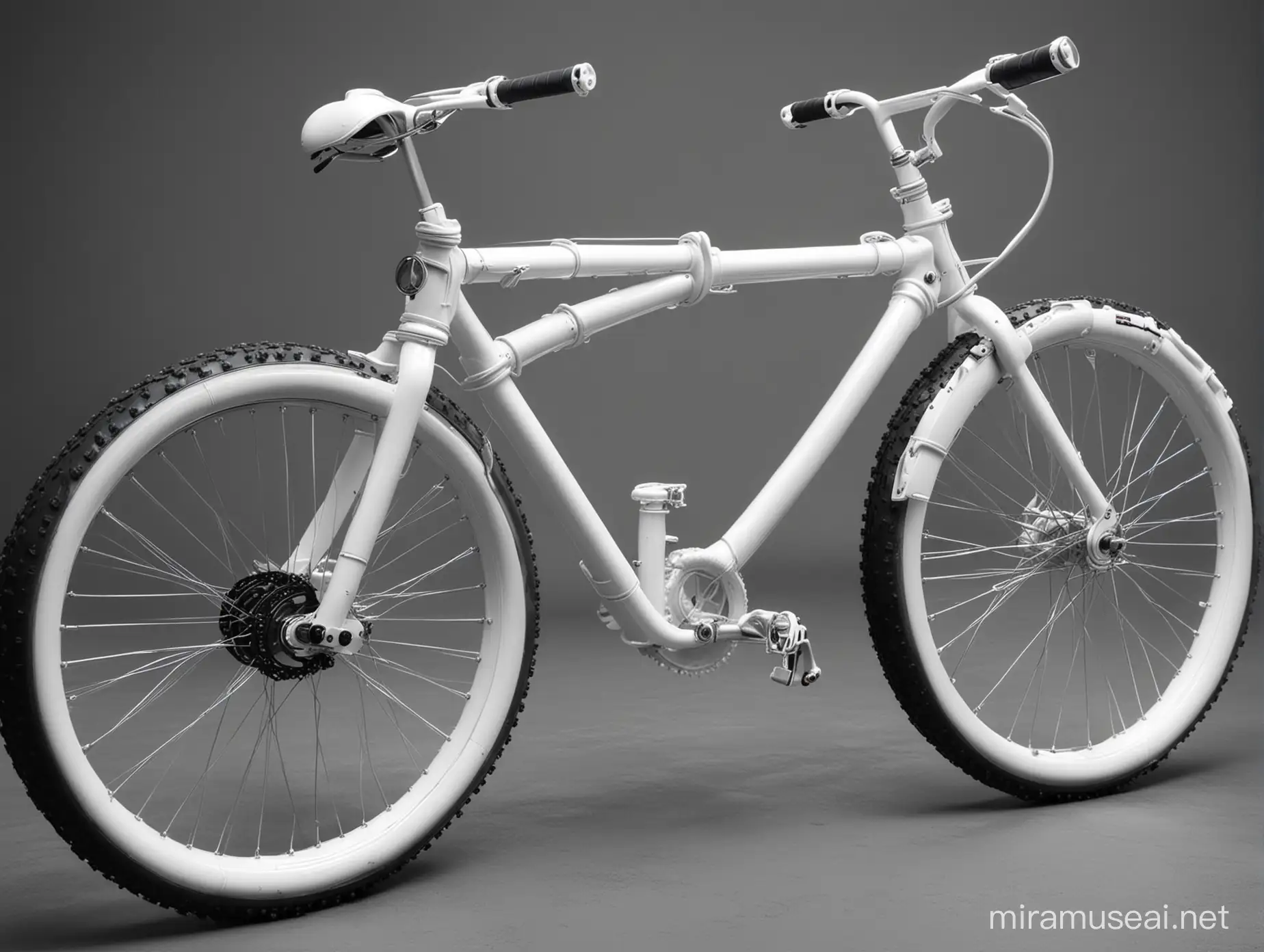 Bicycle made from pvc pipes, several innovative features, aesthetic design, stylish look, realistic, wide angle shot 