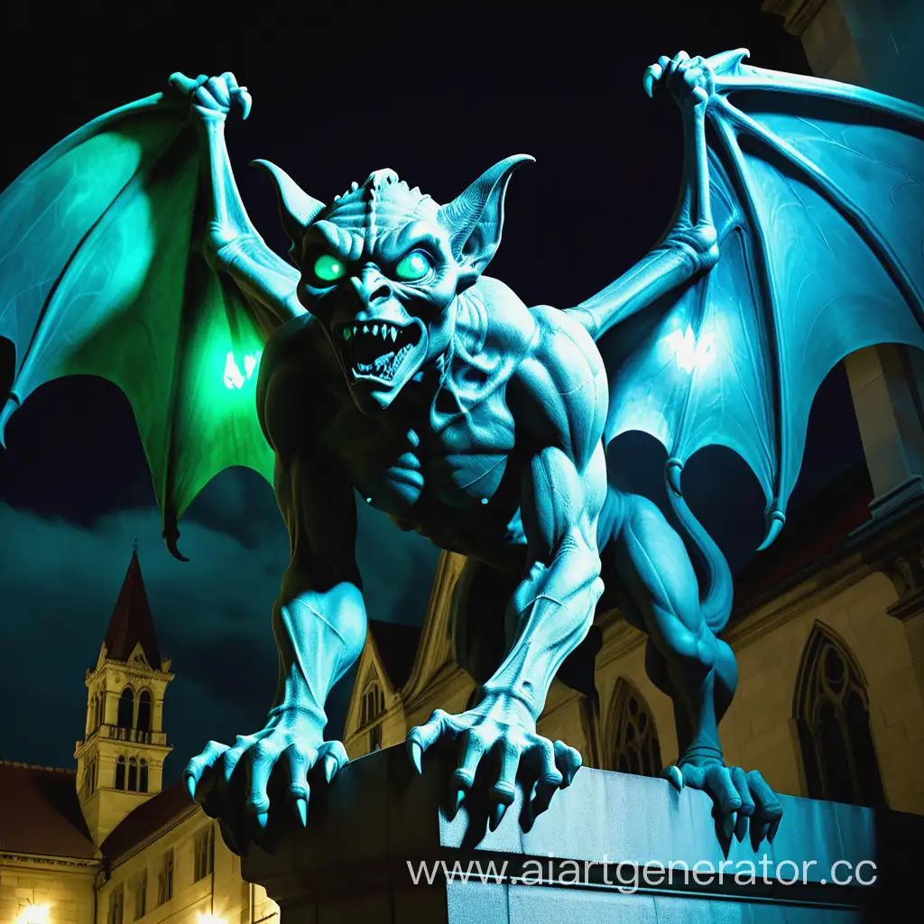 Gargoyle-with-Glaring-BlueGreen-Eyes-Searching-for-Victims-at-Night