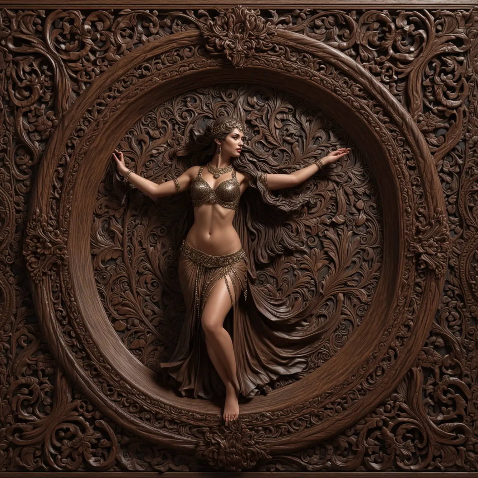 3D SEAMLESS AND TILEABLE CARVED DARK WOOD WITH A FINELY CARVED FRAMED SURROUND FEATURING A CARVED WOOD MALE BELLYDANCER



