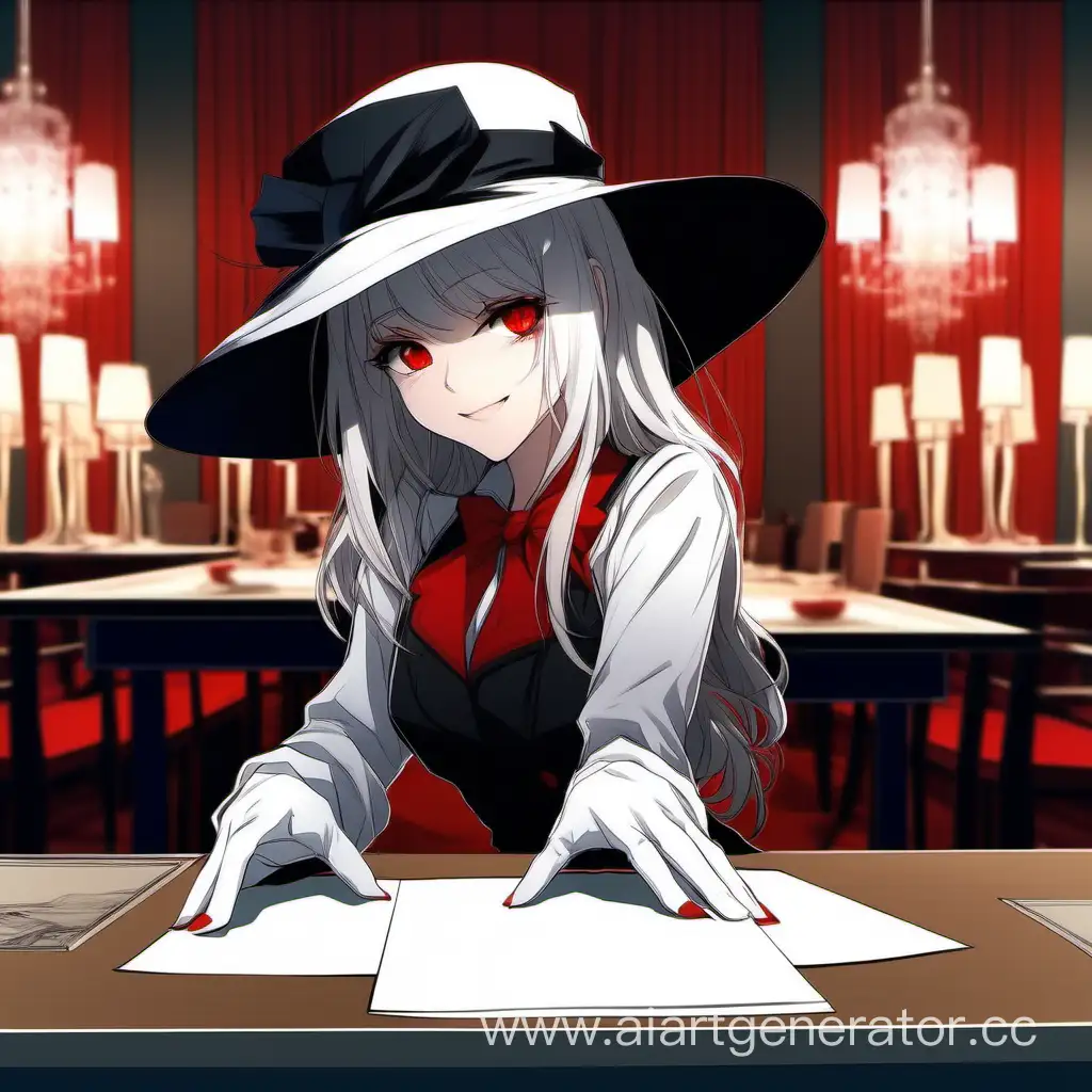 Аниме картинка красивая и грациозная леди в шляпе чёрной  беловолосая девушка с красными глазами и белыми перчатками улыбается положив руки за стол , реалистично фото