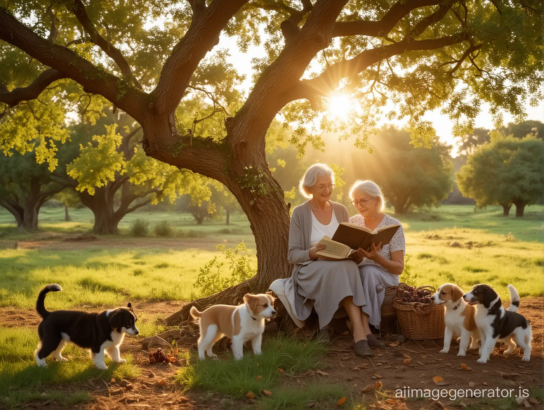 Generate an image of an elderly lady reading a book under a beautiful oak tree. Around her, two playful puppy dogs are chasing each other, and two little girls are picking blackberries directly from the bush. The atmosphere is idyllic, with the setting sun casting its warm light filtering through the oak tree branches.