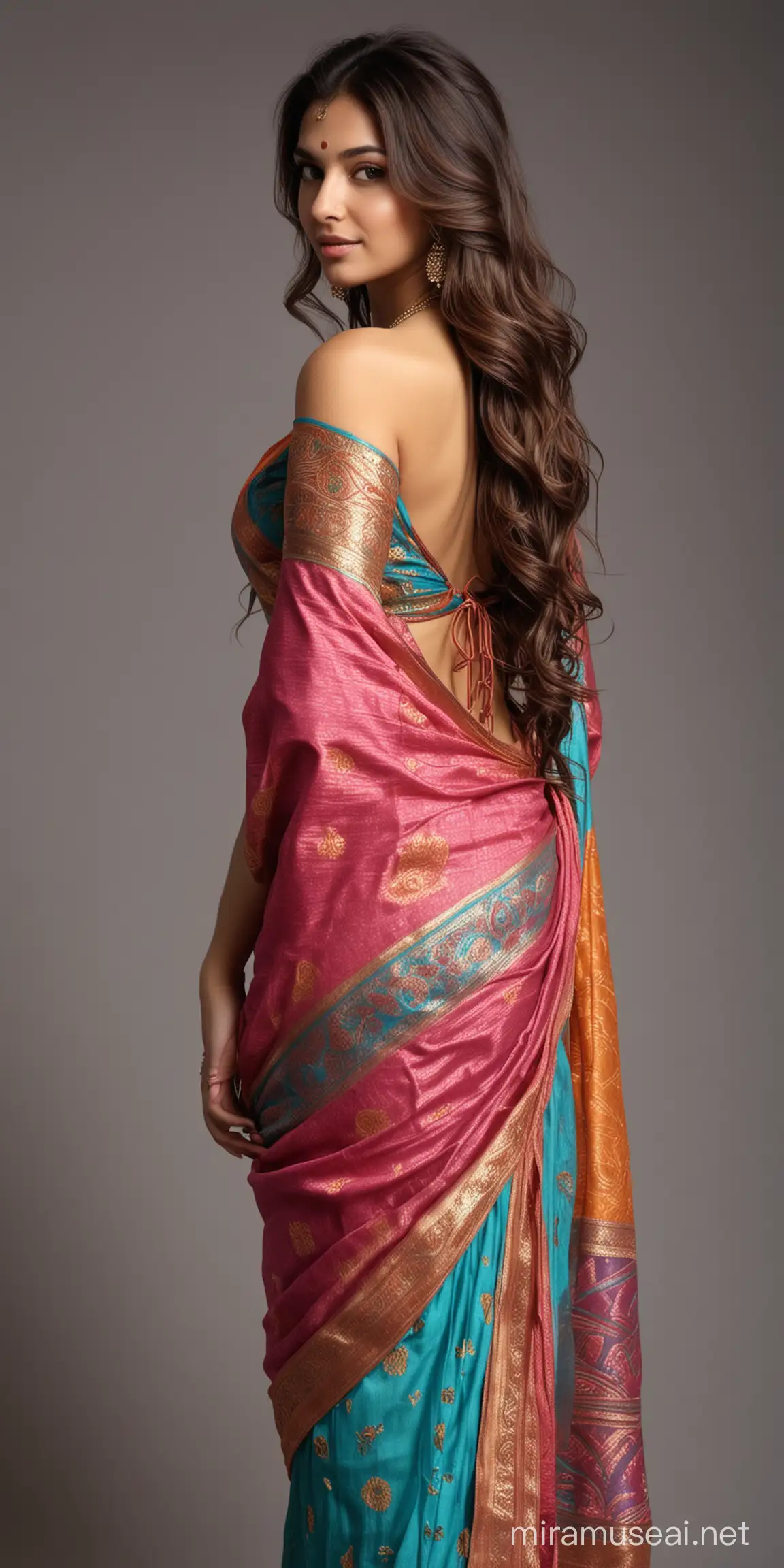 full body portrait photo of most beautiful European girl as beautiful Indian girl, thick   long wavy hair, elegant beautiful thick colorful SAREE look from back, tuned AWAY, very lowcut back with knot, showing back and buttocks, looking back over shoulders, brows raised with arrogance, photo realistic, 4k.
