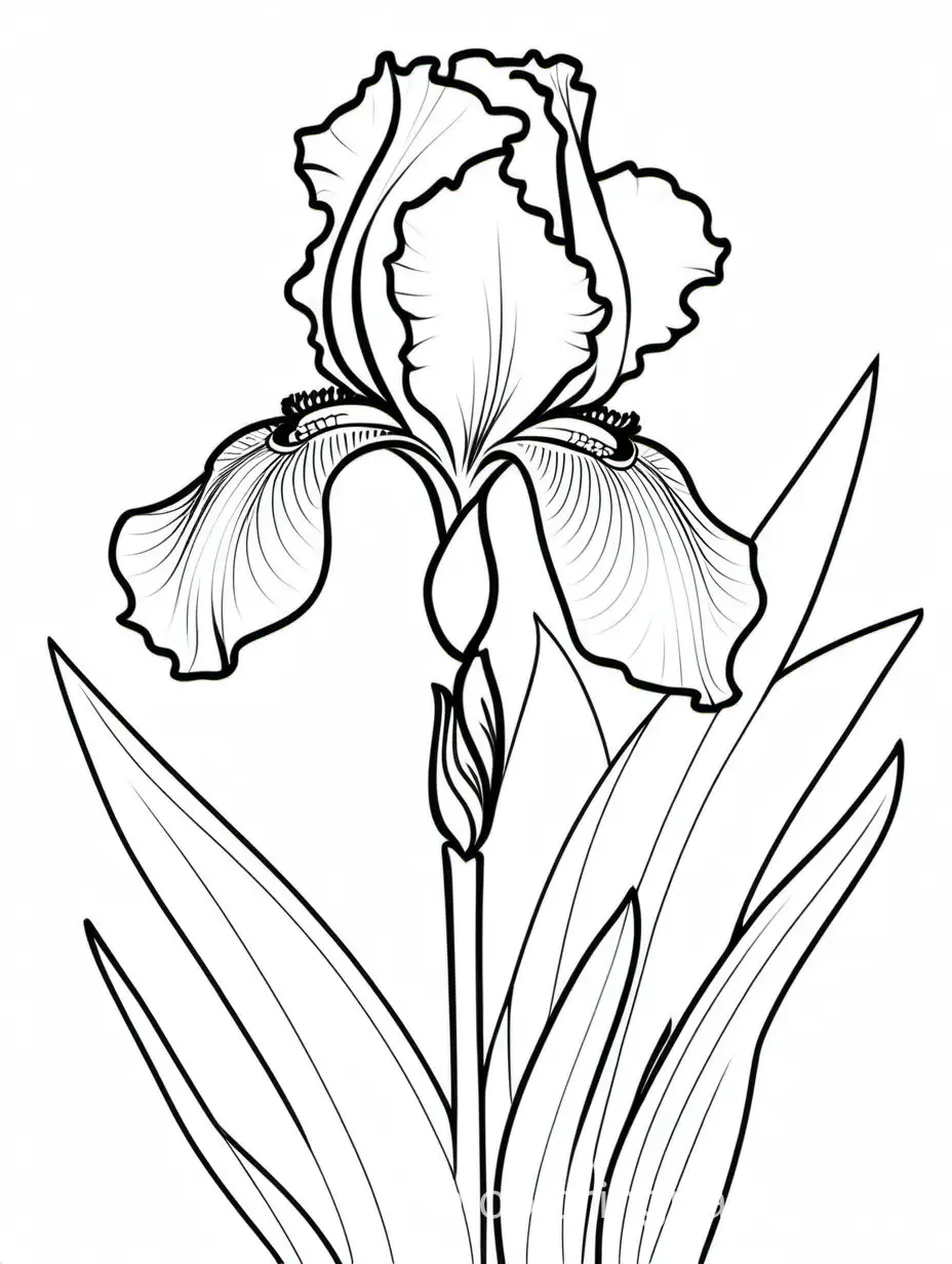 iris, Coloring Page, black and white, line art, white background, Simplicity, Ample White Space. The background of the coloring page is plain white to make it easy for young children to color within the lines. The outlines of all the subjects are easy to distinguish, making it simple for kids to color without too much difficulty