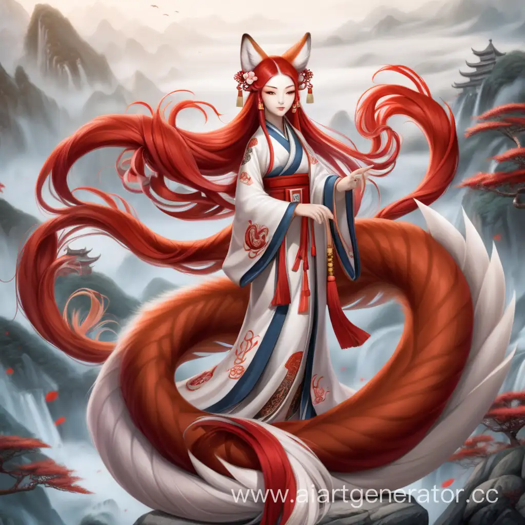 Китайская лиса богиня Хусянь с красно белыми волосами и 10 хвостами 
